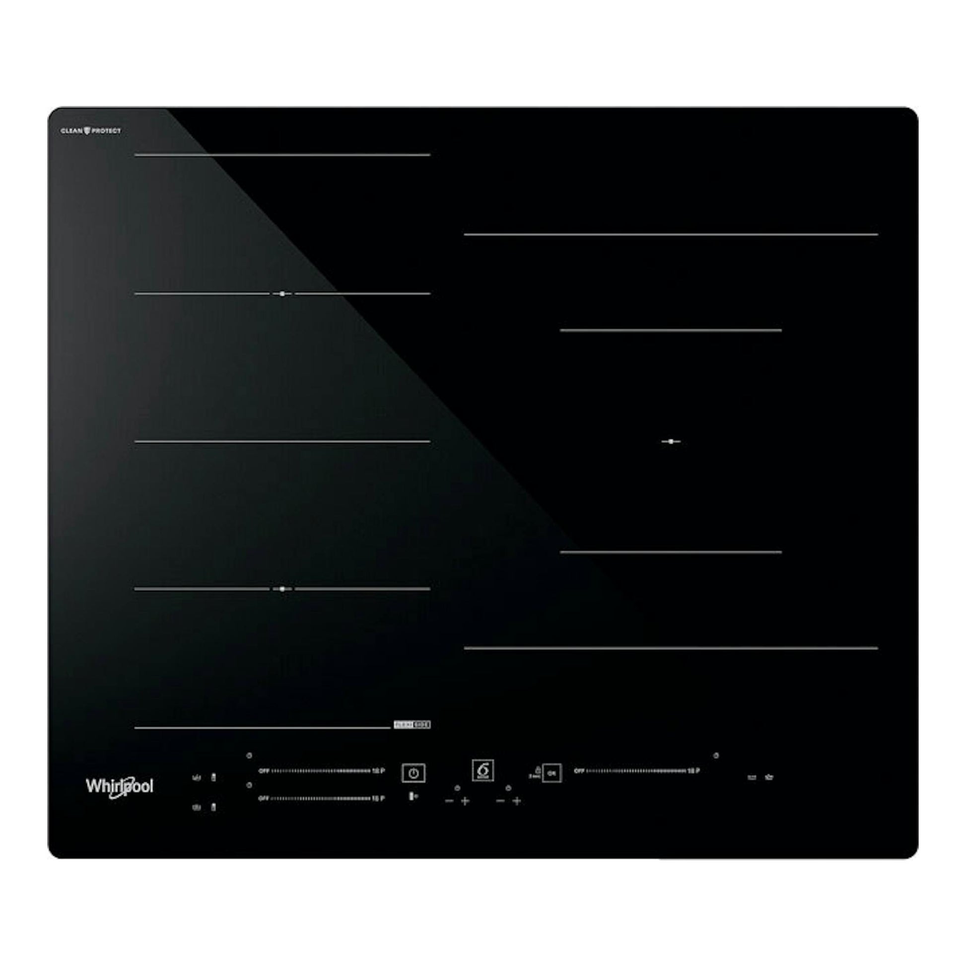 Placa de inducción Whirlpool WF S9860 CPNE negra, vista frontal, con mandos táctiles.