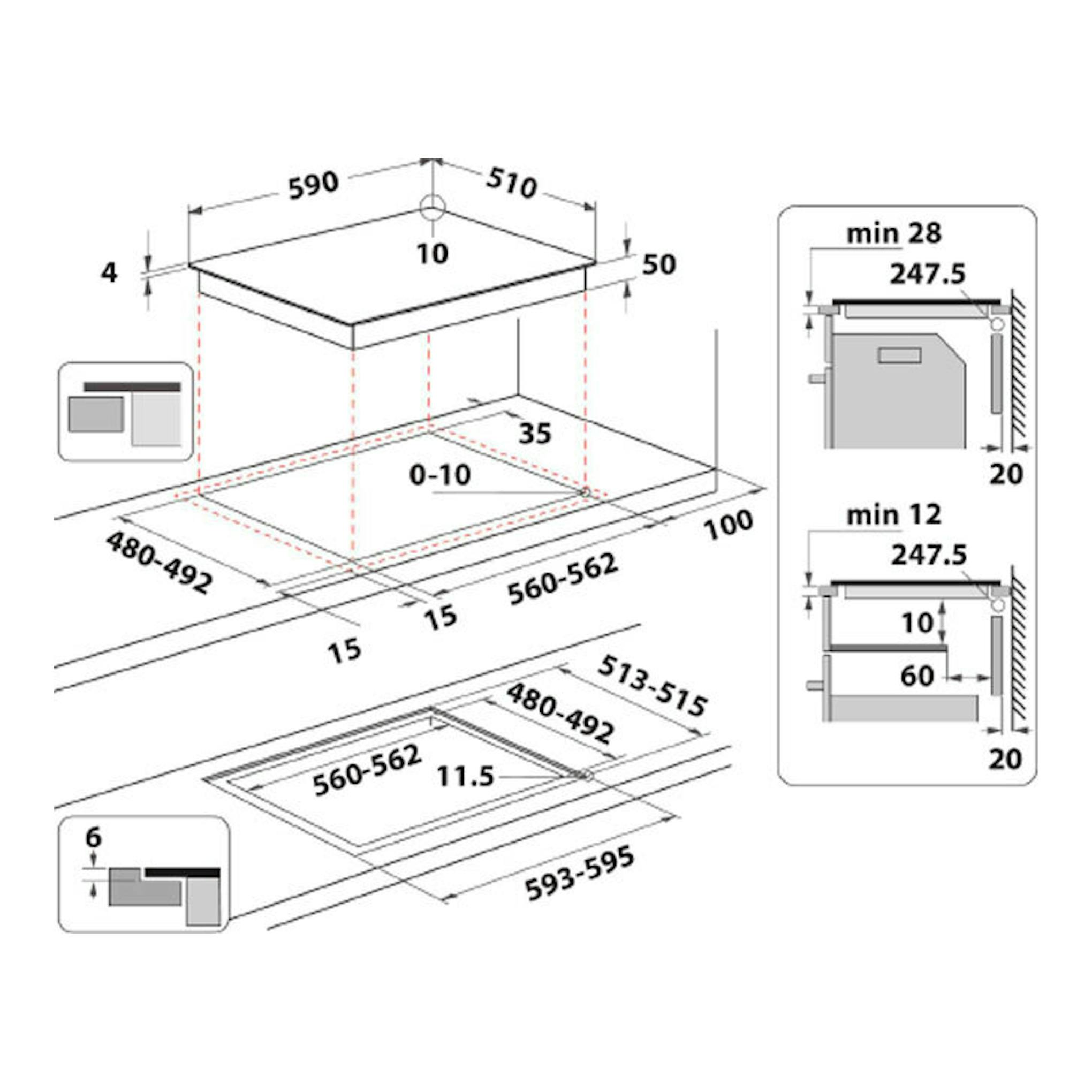 Diagrama de instalación de placa de inducción Whirlpool WF S9860 CPNE, vista en perspectiva con medidas.