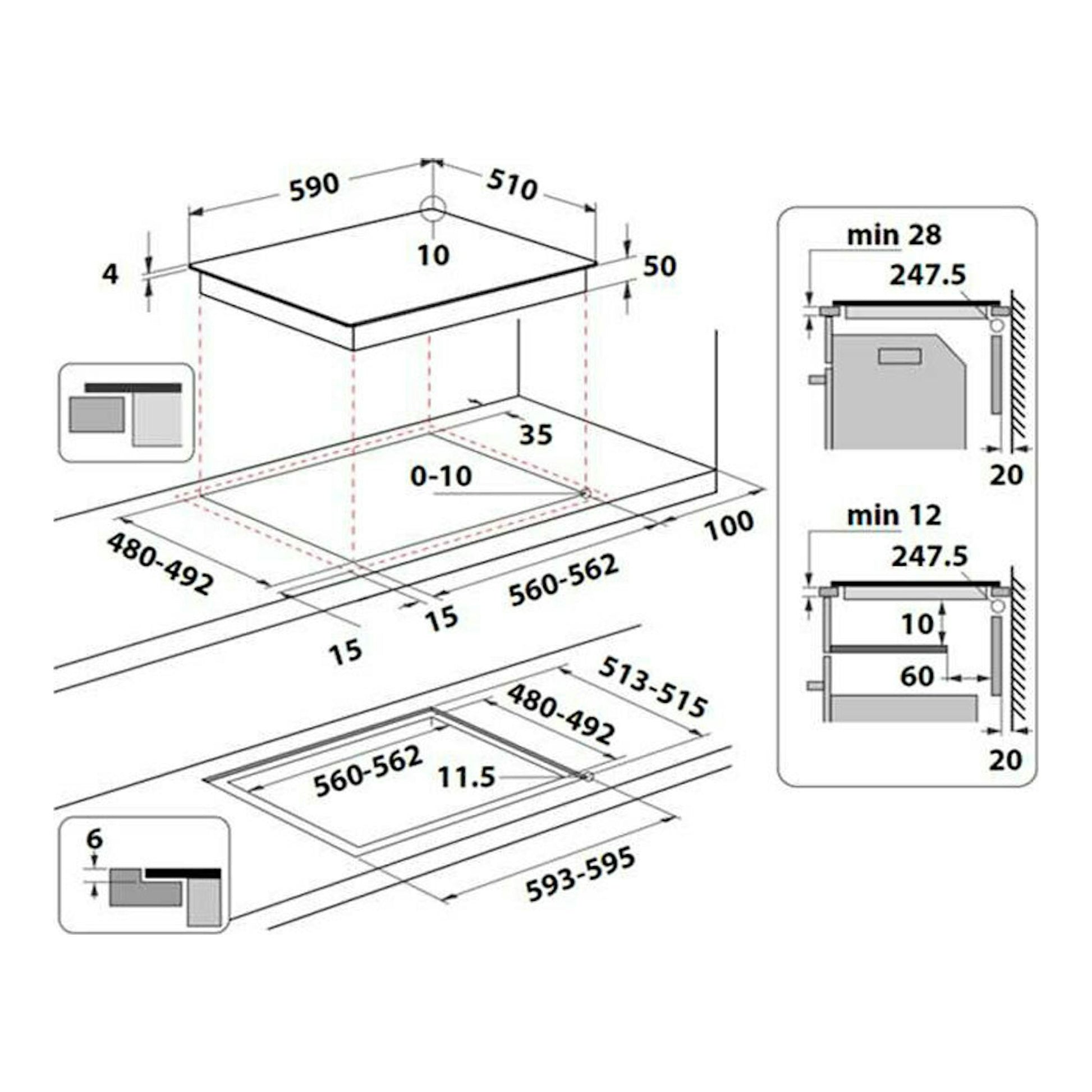 Diagrama técnico de la placa de inducción Whirlpool WSB7560NE, vista superior con medidas de instalación.
