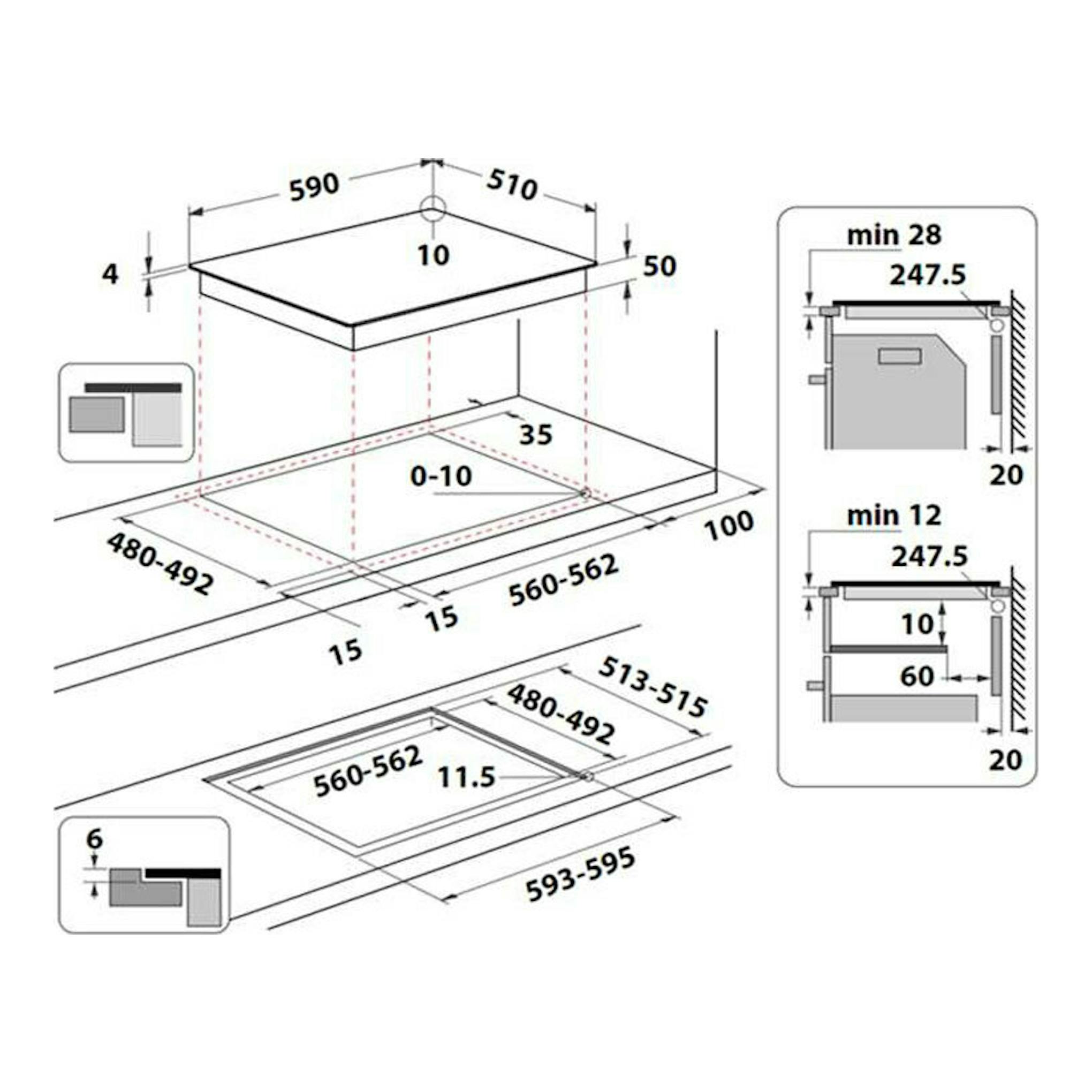 Diagrama técnico de la placa de inducción Whirlpool WSB7560NE, vista superior con medidas de instalación.