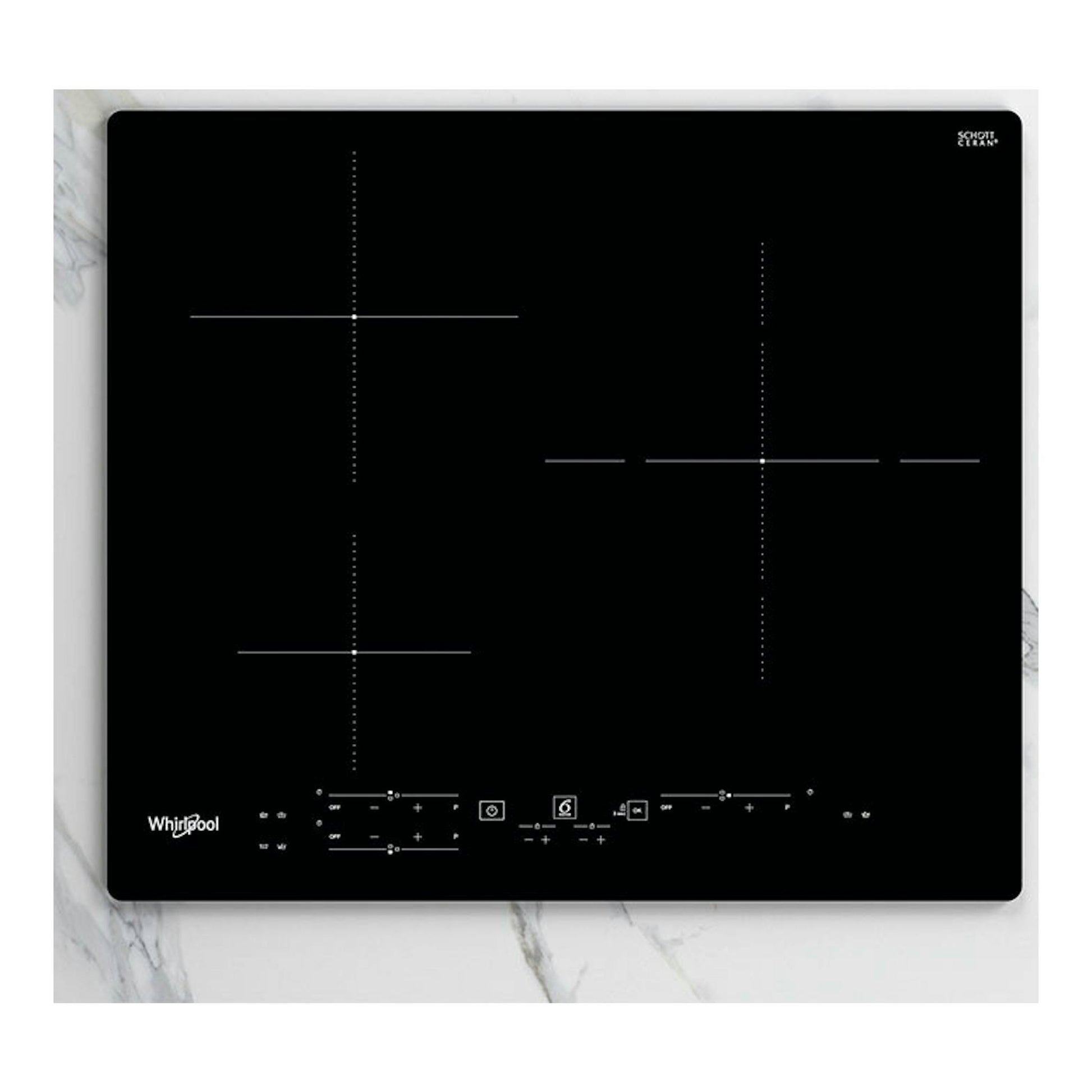 Placa de inducción Whirlpool WSB7560NE de 60 cm, negra, vista cenital con cuatro zonas y controles táctiles.
