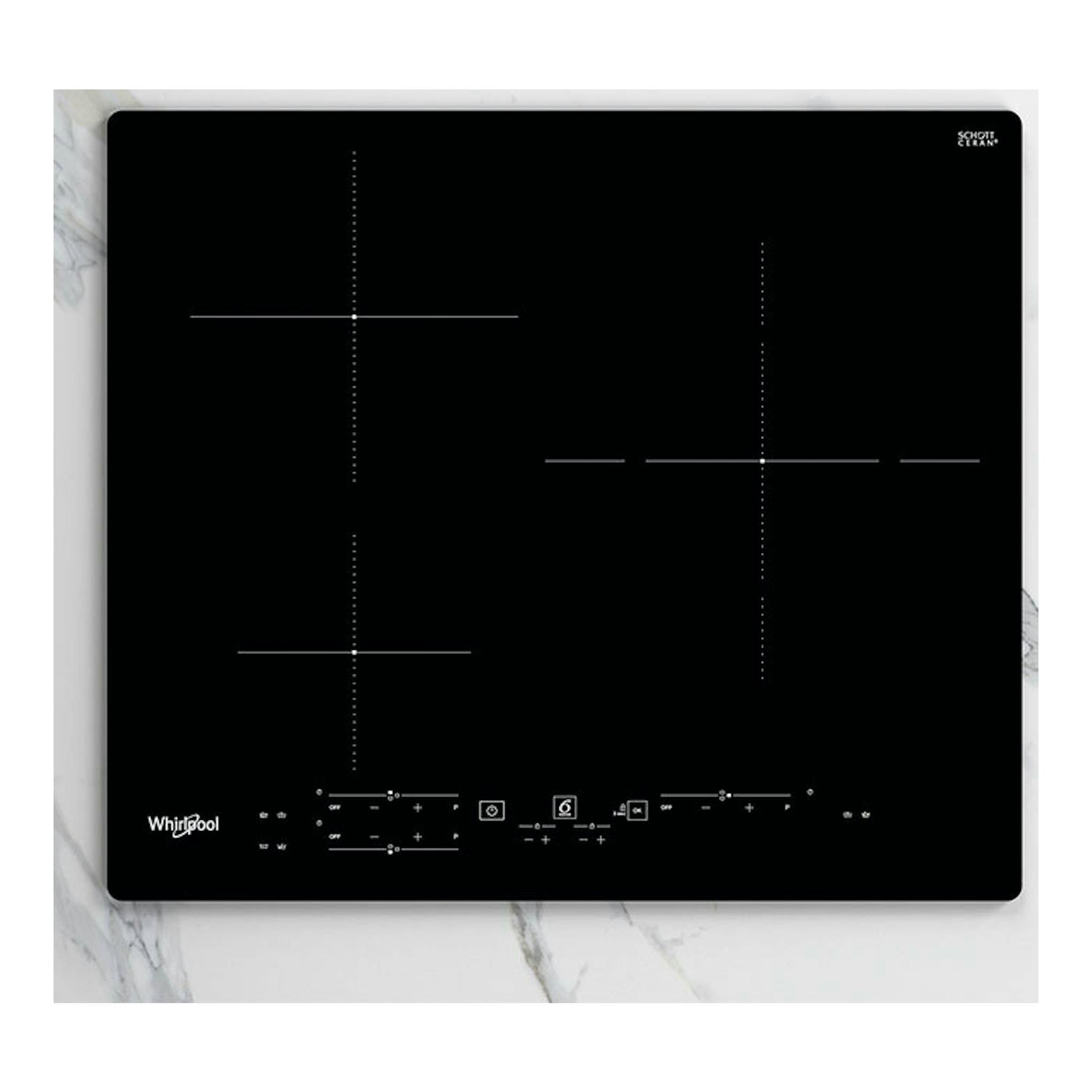 Placa de inducción Whirlpool WSB7560NE de 60 cm, negra, vista cenital con cuatro zonas y controles táctiles.