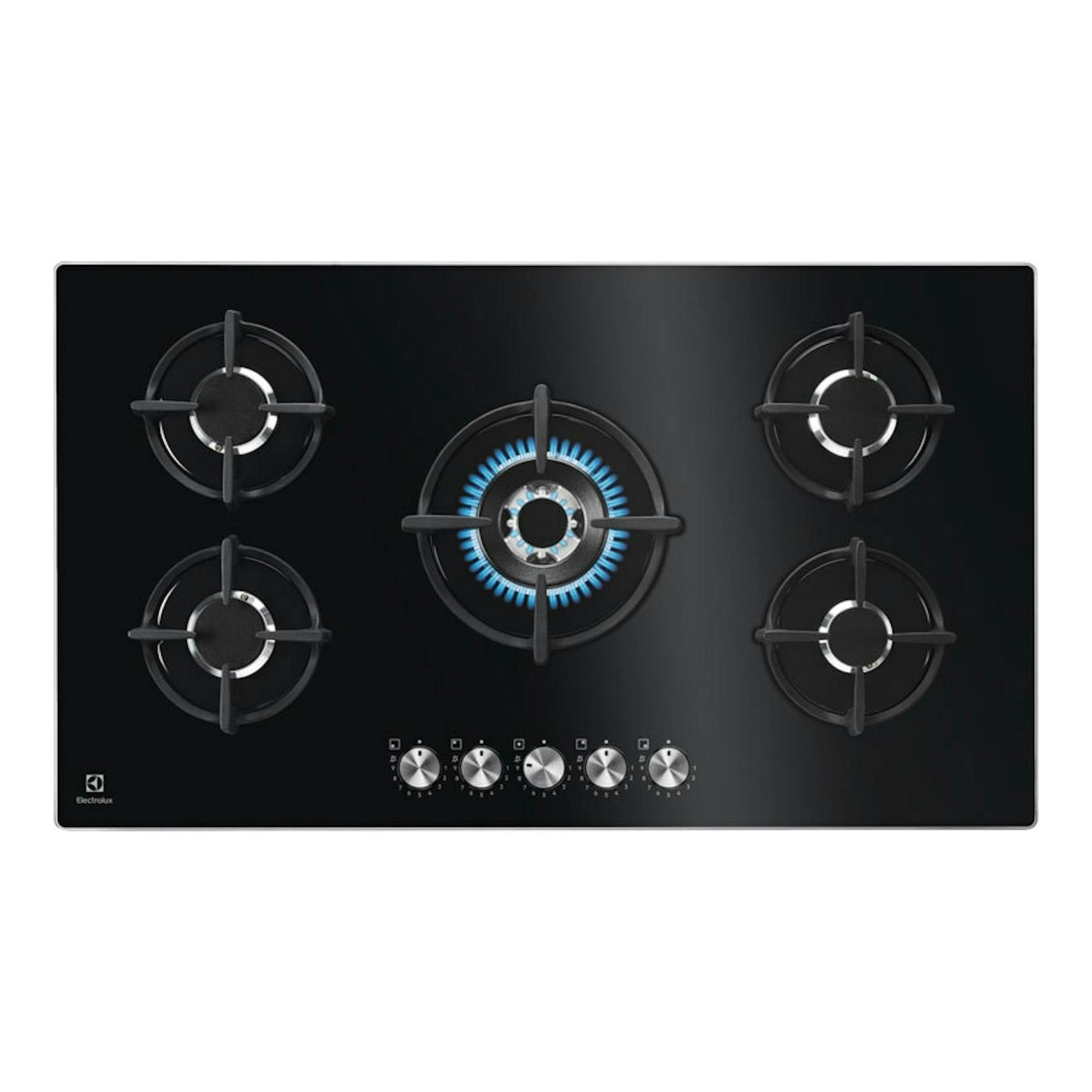 Placa de gas Electrolux KGG95372K negra, vista superior, con 5 quemadores y mando frontal.