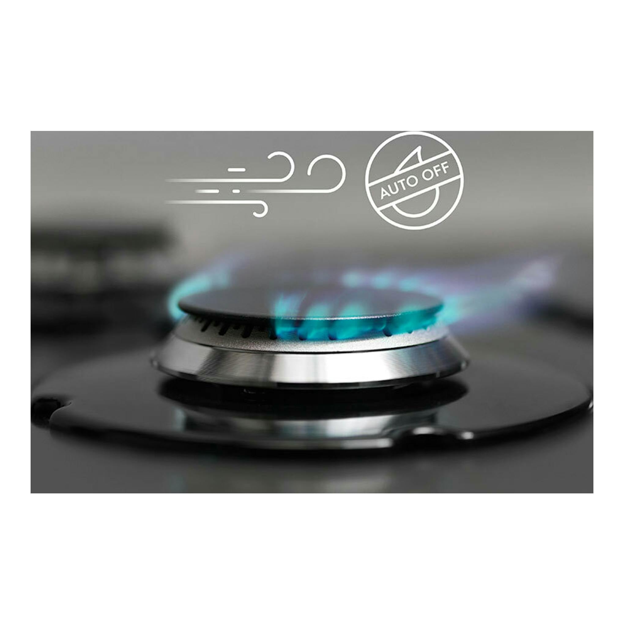 Placa de gas Electrolux KGS6404SX en primer plano, quemador negro con llama azul y vista lateral.
