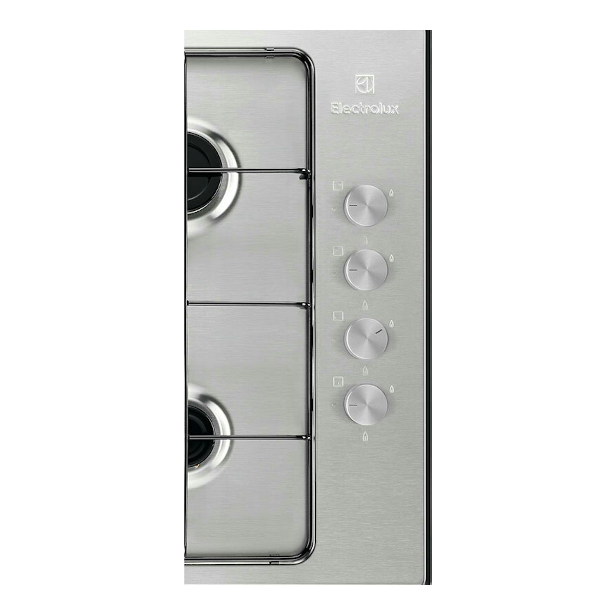 Placa de gas Electrolux KGS6404SX de acero inoxidable, vista frontal, con 4 fuegos y 4 mandos a la derecha.