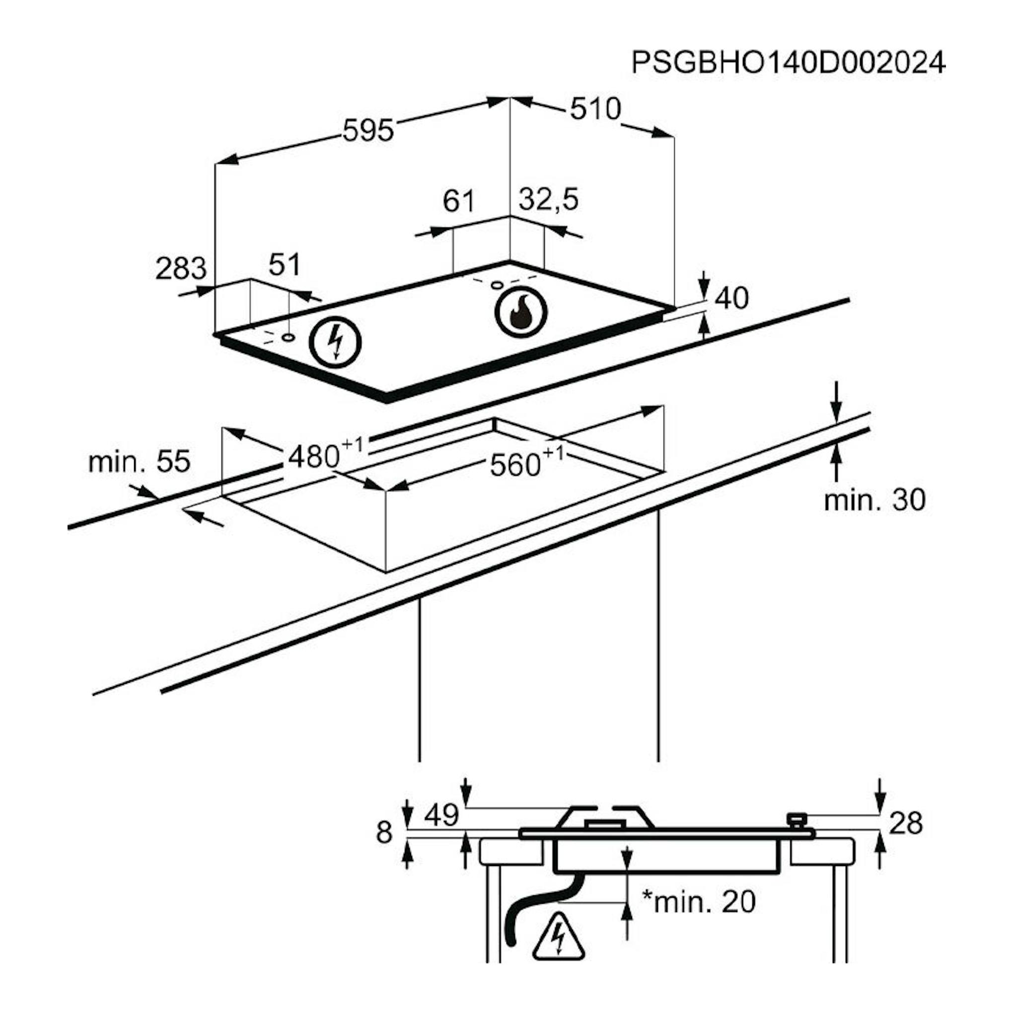 Electrolux KGS6436SX: esquema técnico de placa de gas, vista en perspectiva, con medidas de instalación.