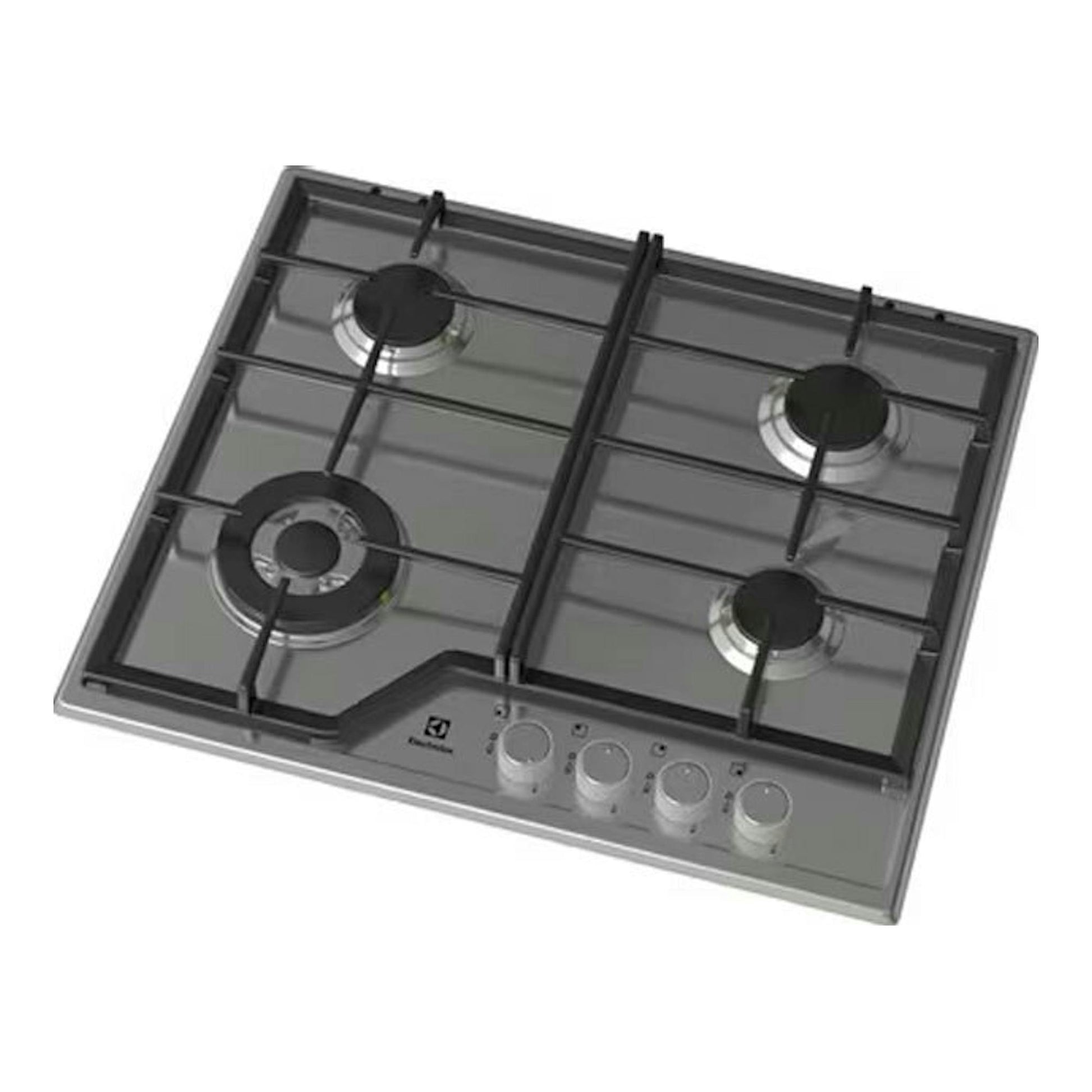 Placa de gas Electrolux KGS6436SX de 60 cm, vista superior inclinada, color inox y 4 fuegos.
