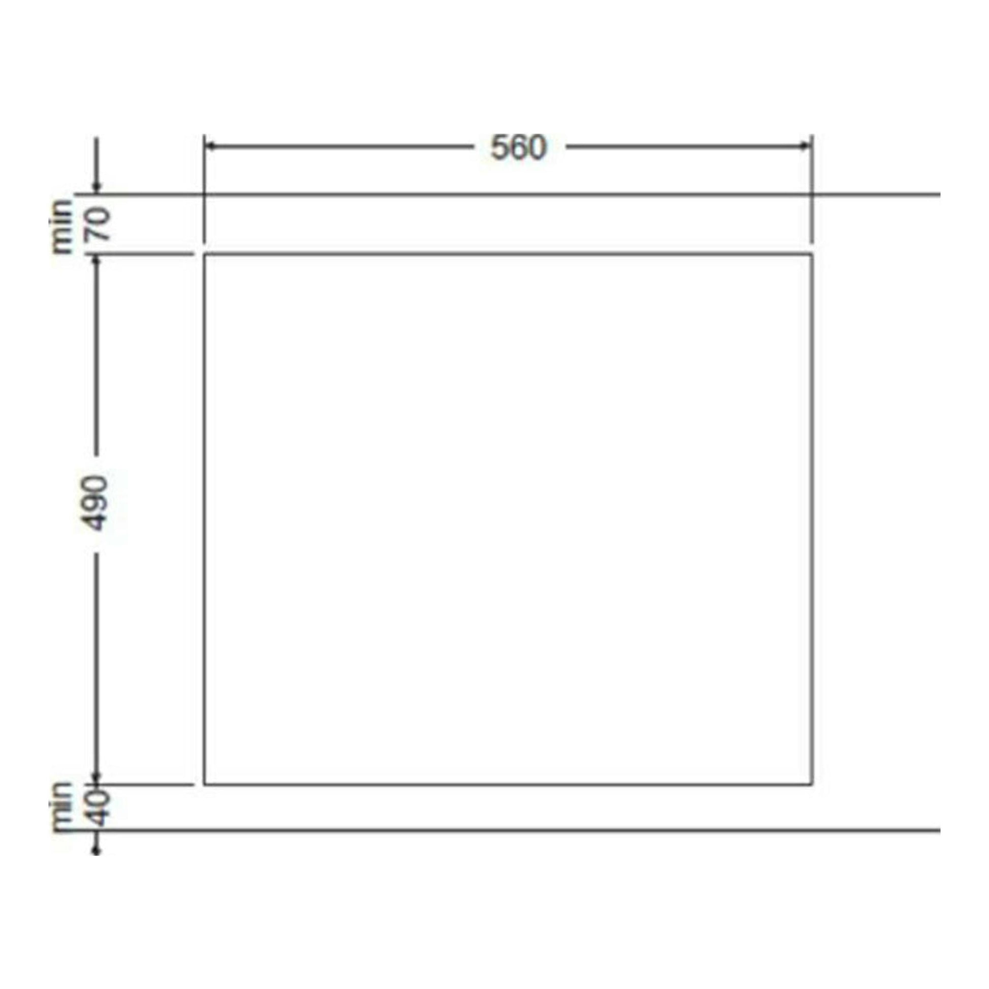 Fagor 3CFI3GLSPA: esquema en vista superior en blanco y negro con medidas 560x490 mm y mínimos 70/40 mm.