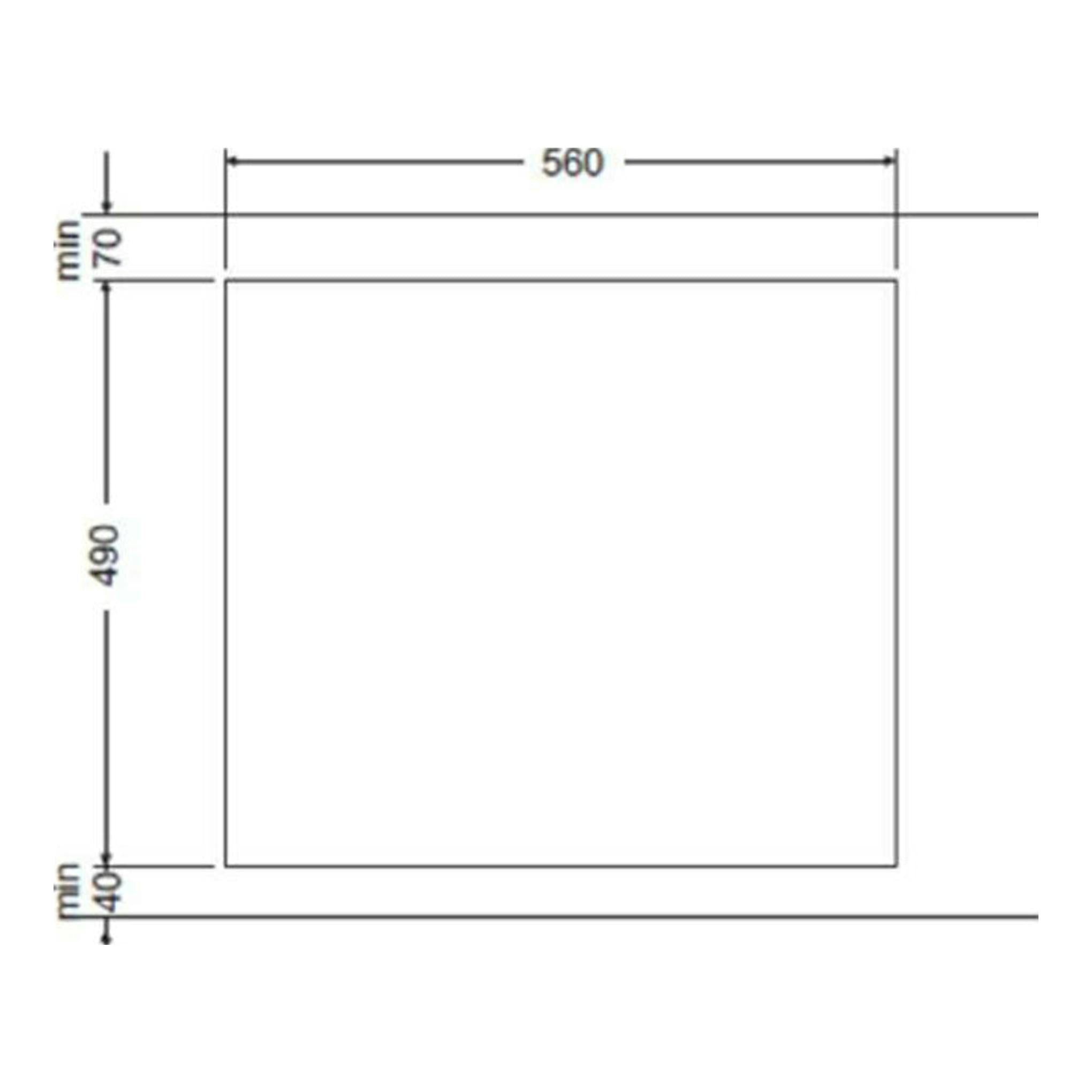 Fagor 3CFI3GLSPA: esquema en vista superior en blanco y negro con medidas 560x490 mm y mínimos 70/40 mm.