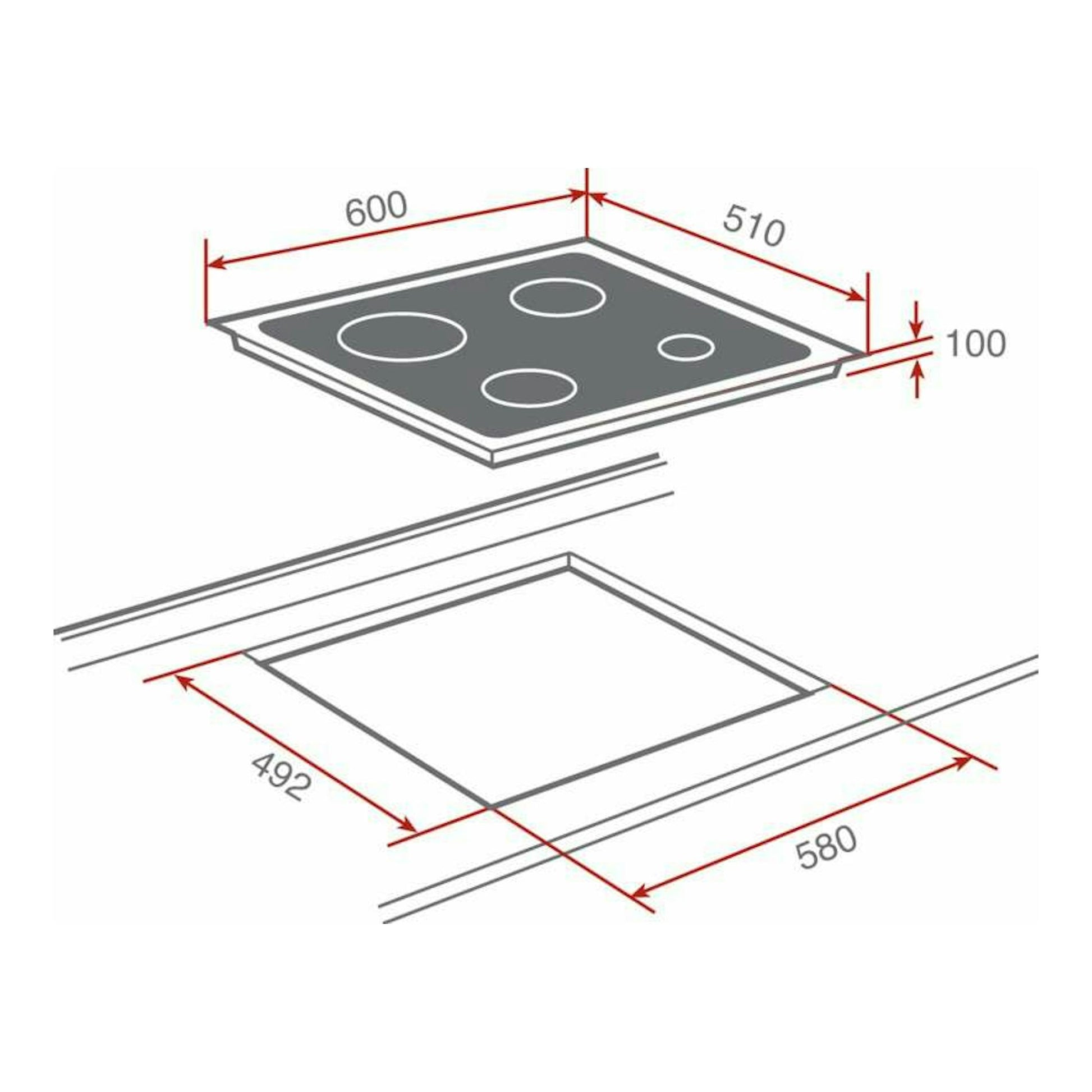 Teka CGC 4G AI AL: esquema de placa de gas negra, vista isométrica, 600x510 mm; hueco 580x492 mm.
