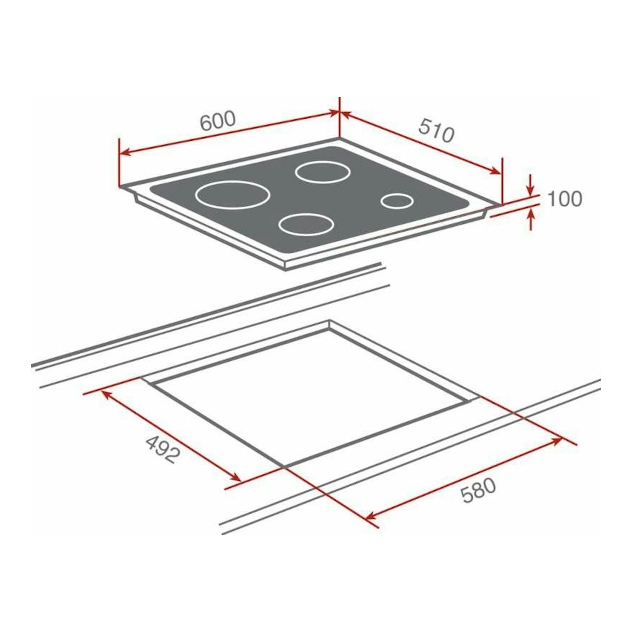 Teka CGC 4G AI AL: esquema de placa de gas negra, vista isométrica, 600x510 mm; hueco 580x492 mm.