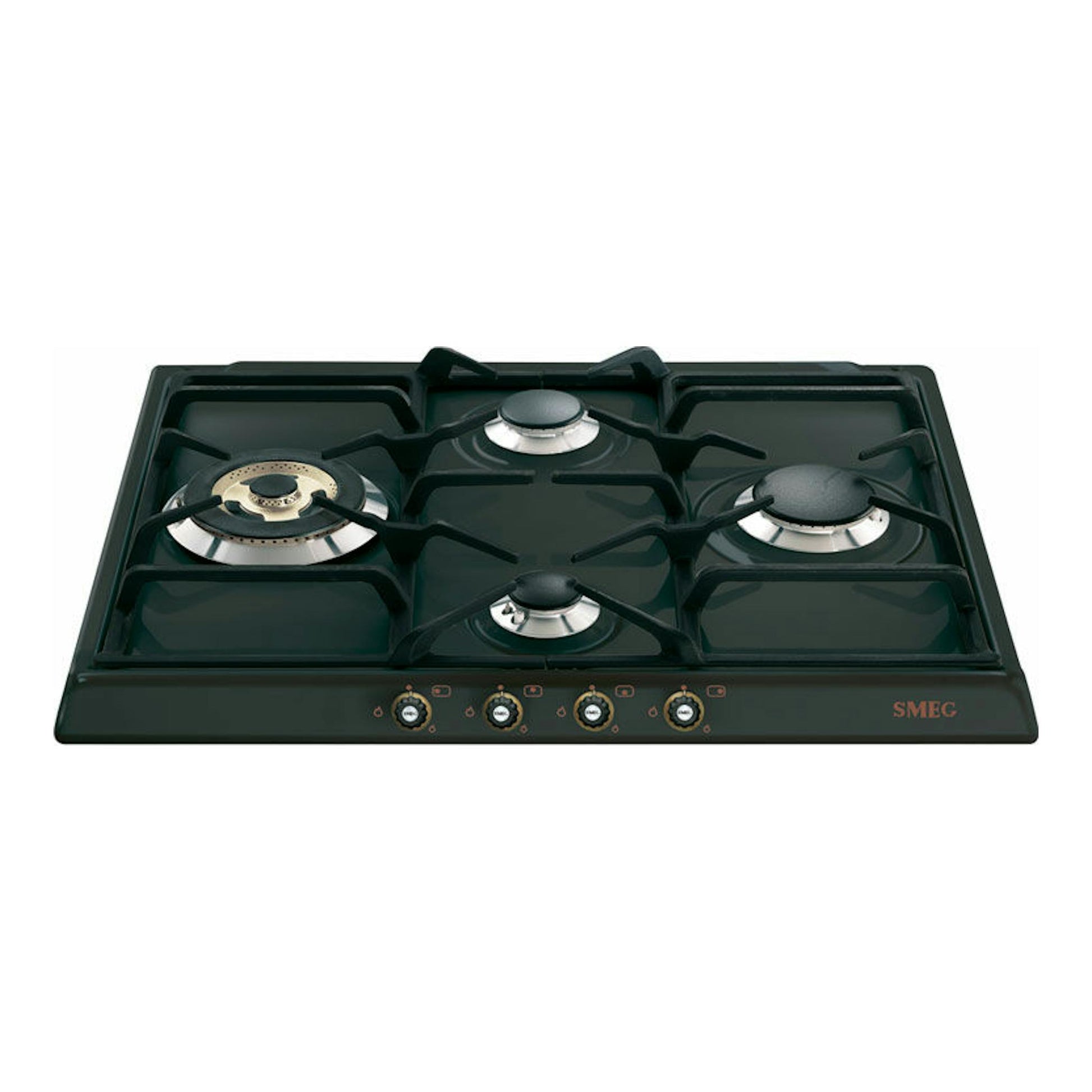 Placa de gas Smeg SR764AO negra de 60 cm, vista frontal, con 4 quemadores y mandos frontales.