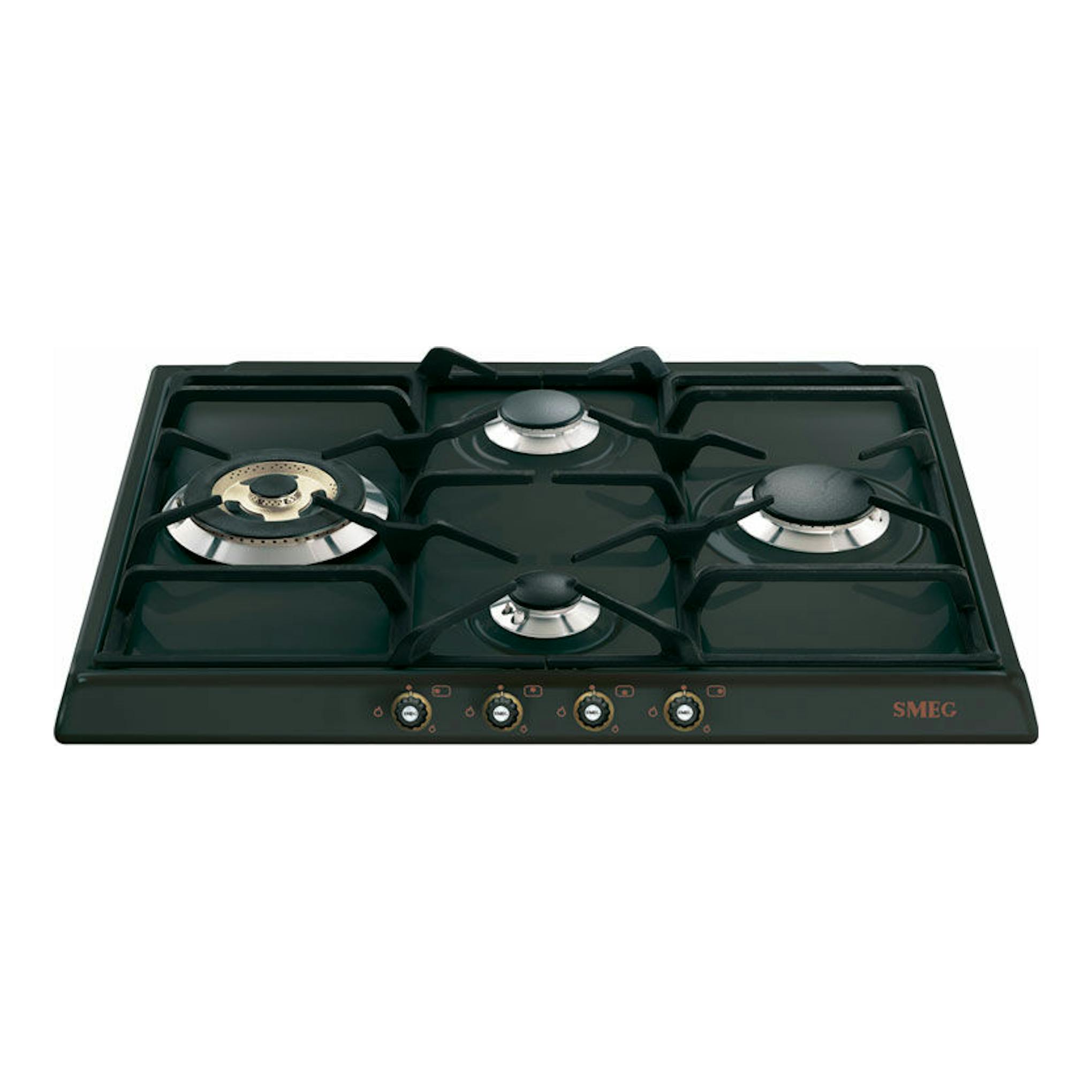Placa de gas Smeg SR764AO negra de 60 cm, vista frontal, con 4 quemadores y mandos frontales.