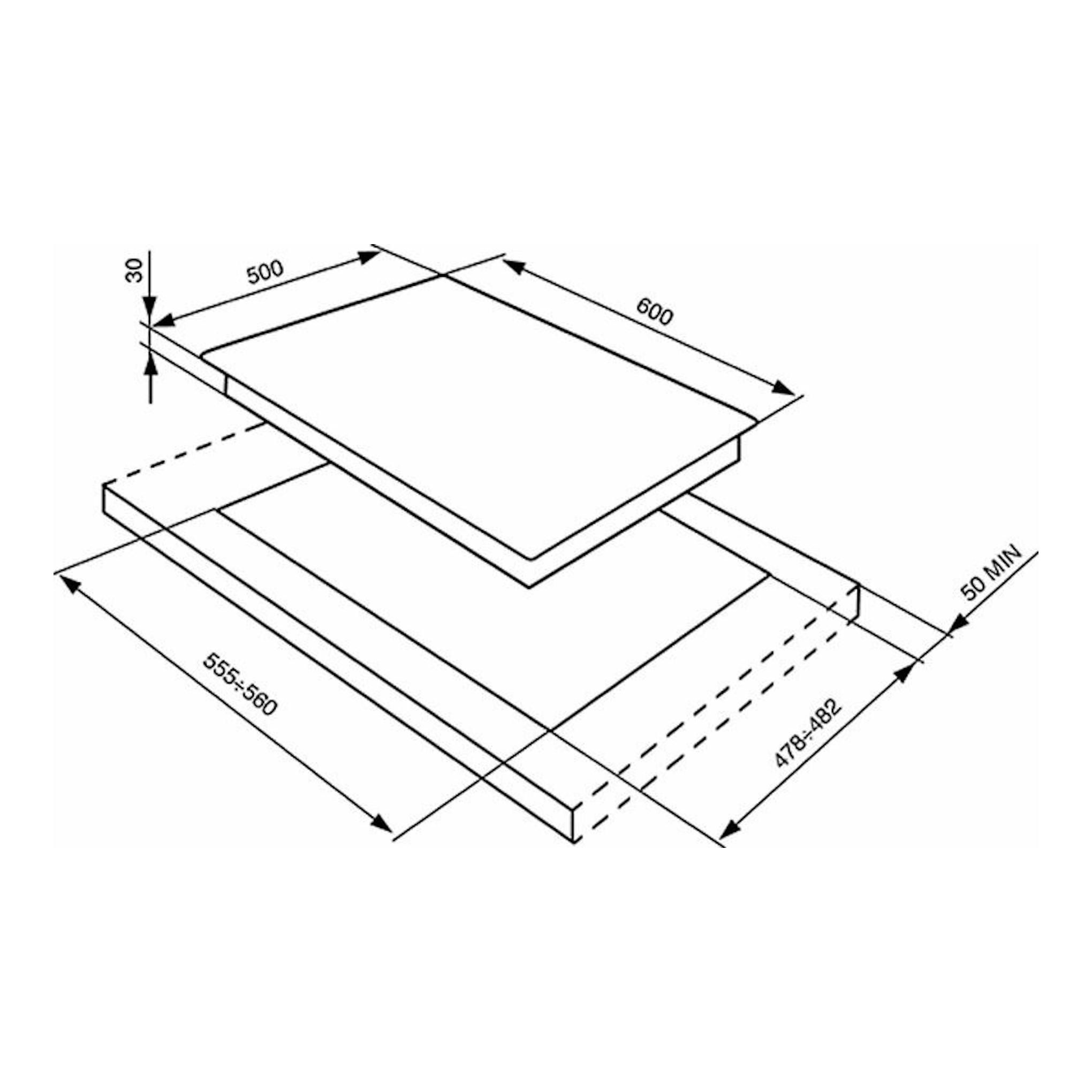 Diagrama técnico isométrico de la placa de gas Smeg SR764AO de 60 cm, con medidas de instalación.