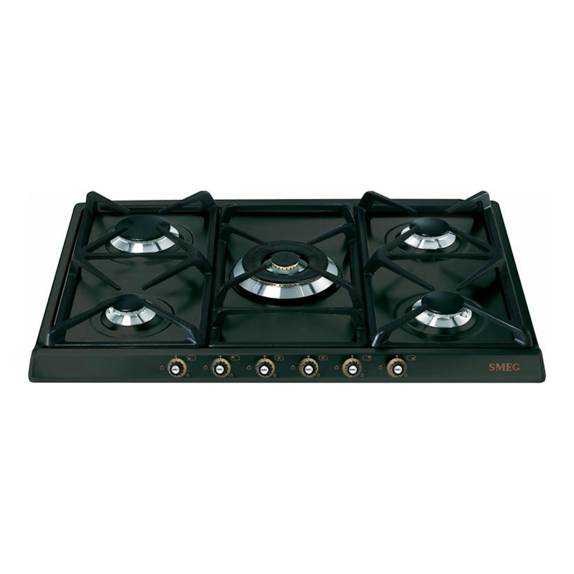Placa de gas Smeg SR775AO negra, vista frontal, con 5 quemadores y mandos frontales.