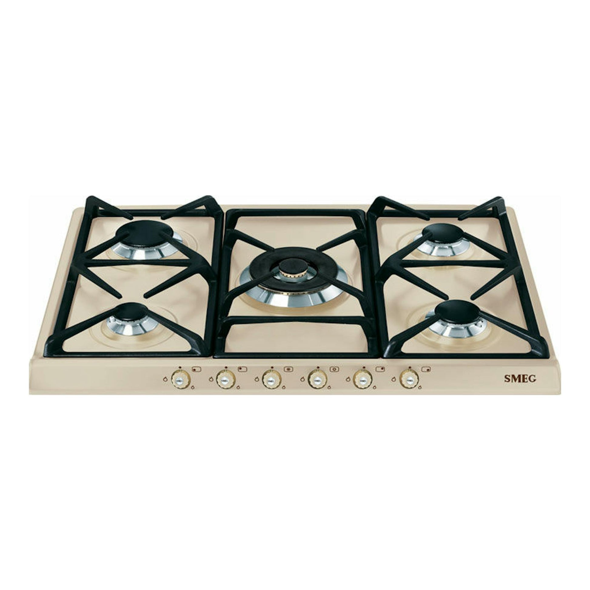 Placa de gas Smeg SR775PO beige, vista frontal, con 5 fuegos y rejillas negras.