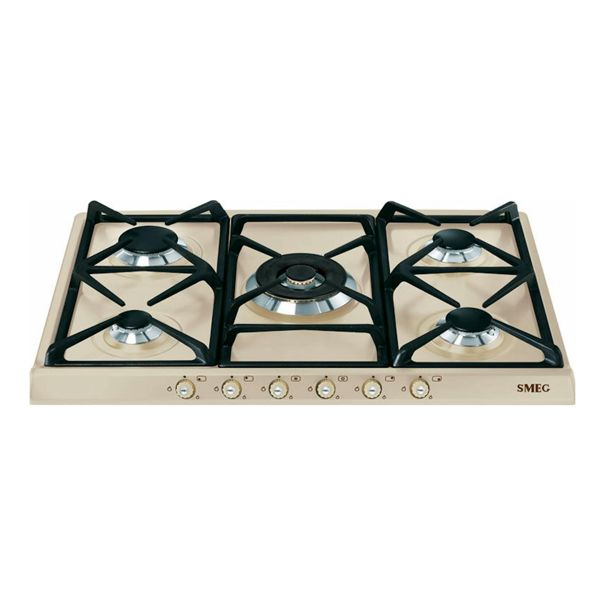 Placa de gas Smeg SR775PO beige, vista frontal, con 5 fuegos y rejillas negras.