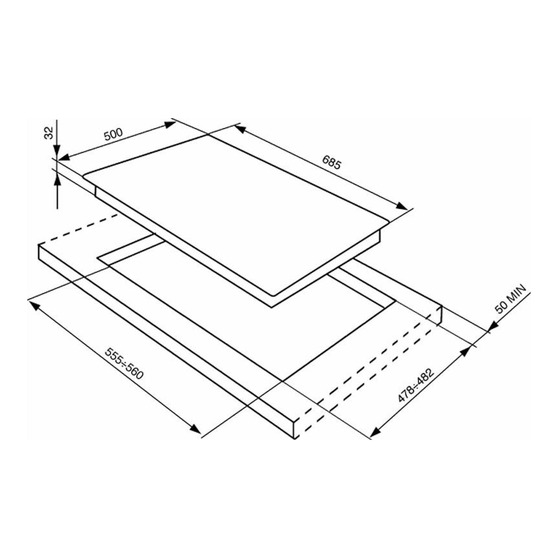 Dibujo técnico de placa de gas Smeg SR775PO, vista isométrica, 685 x 500 mm, hueco 555-560 x 478-482 mm.