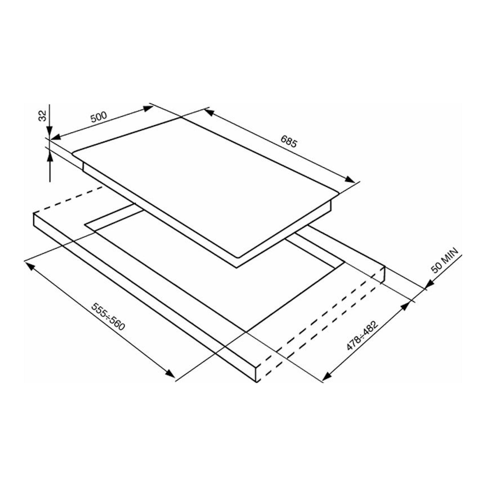 Dibujo técnico de placa de gas Smeg SR775PO, vista isométrica, 685 x 500 mm, hueco 555-560 x 478-482 mm.