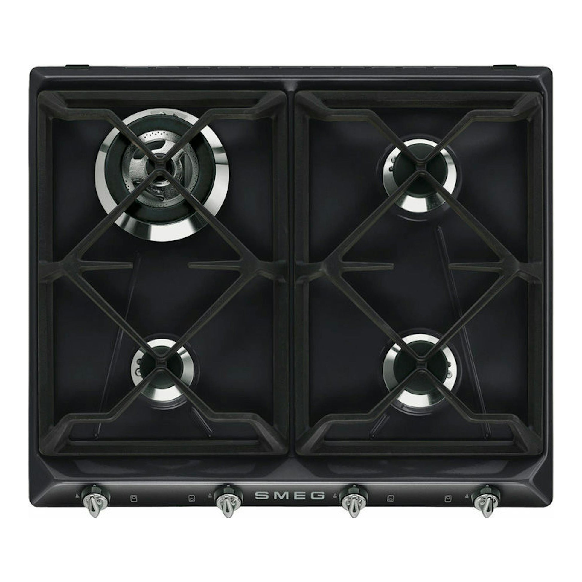 Placa de gas Smeg SR964NGH de 60 cm, negra, vista frontal, con 4 quemadores y parrillas de hierro.