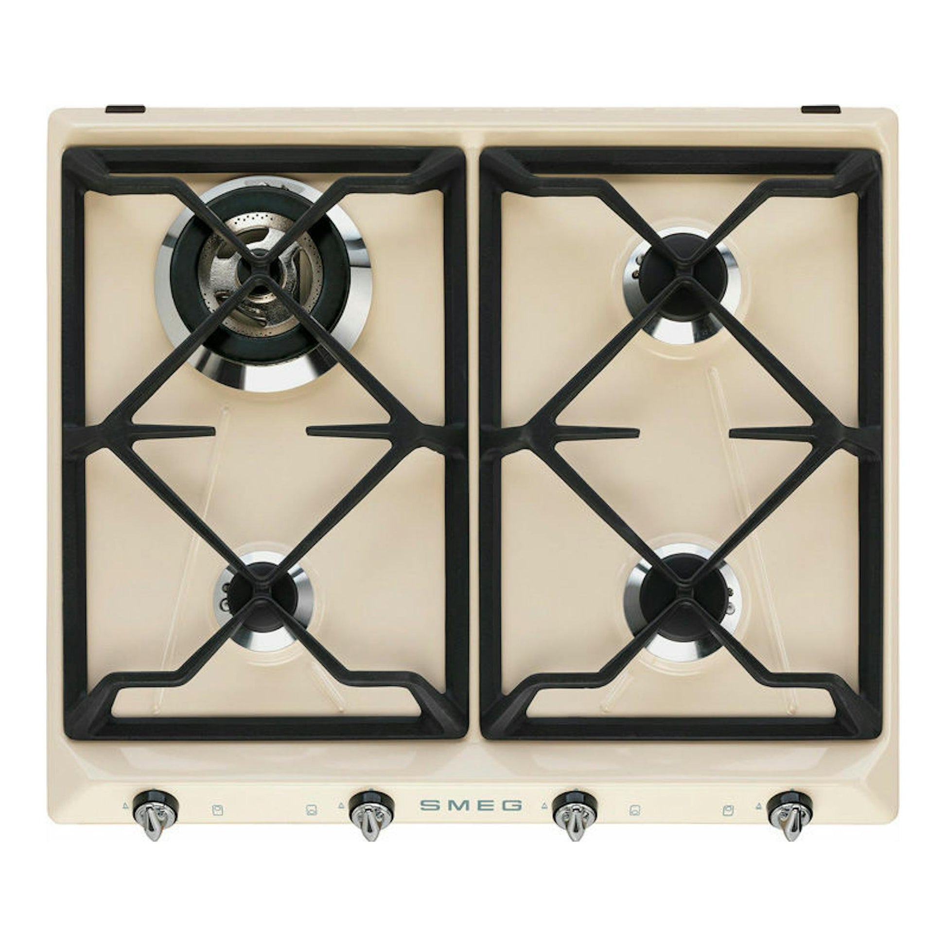 Placa de gas Smeg SR964PGH beige, vista frontal superior, con 4 fuegos y parrillas negras.
