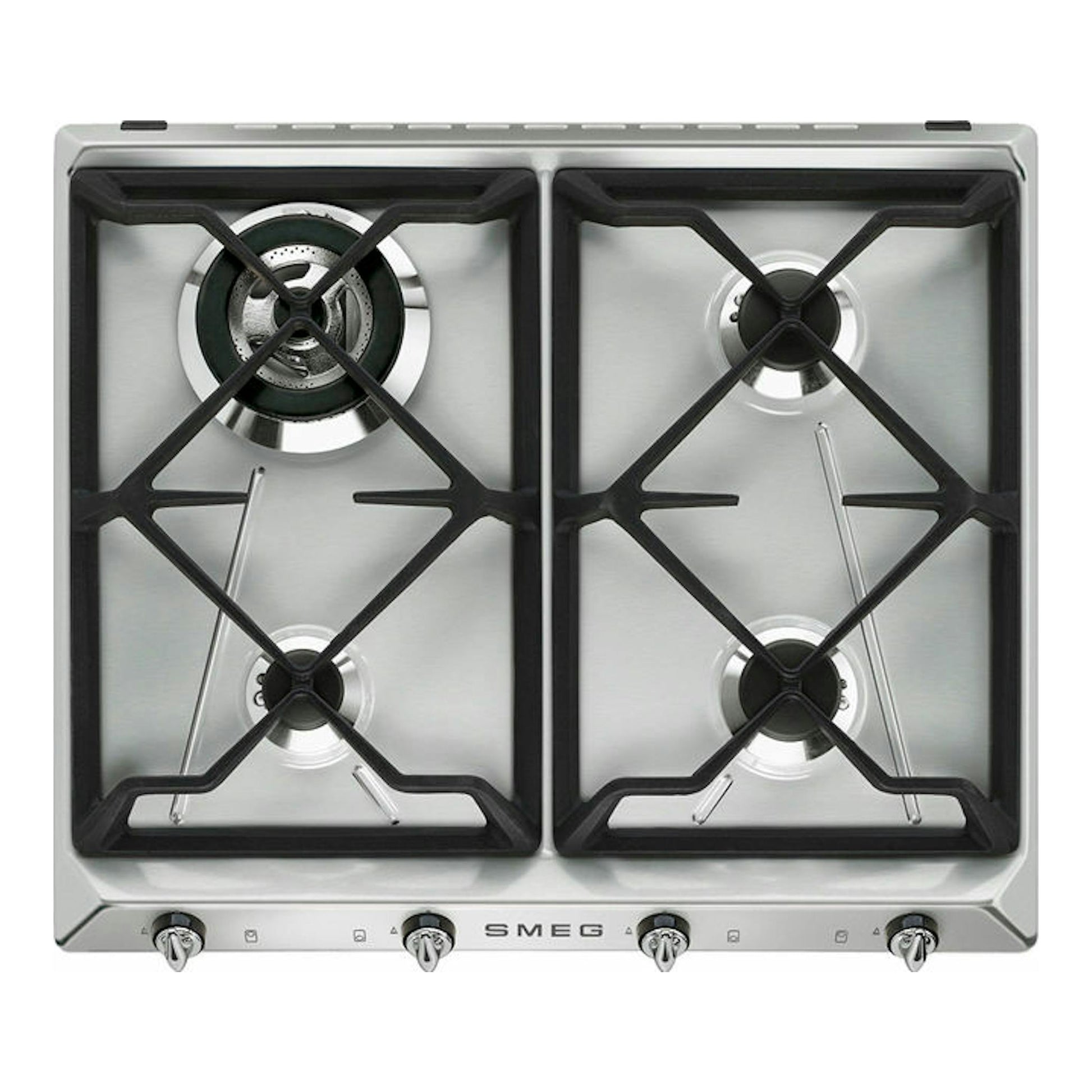 Placa de gas Smeg SR964XGH de acero inoxidable, vista superior, 4 fuegos y mandos frontales negros.
