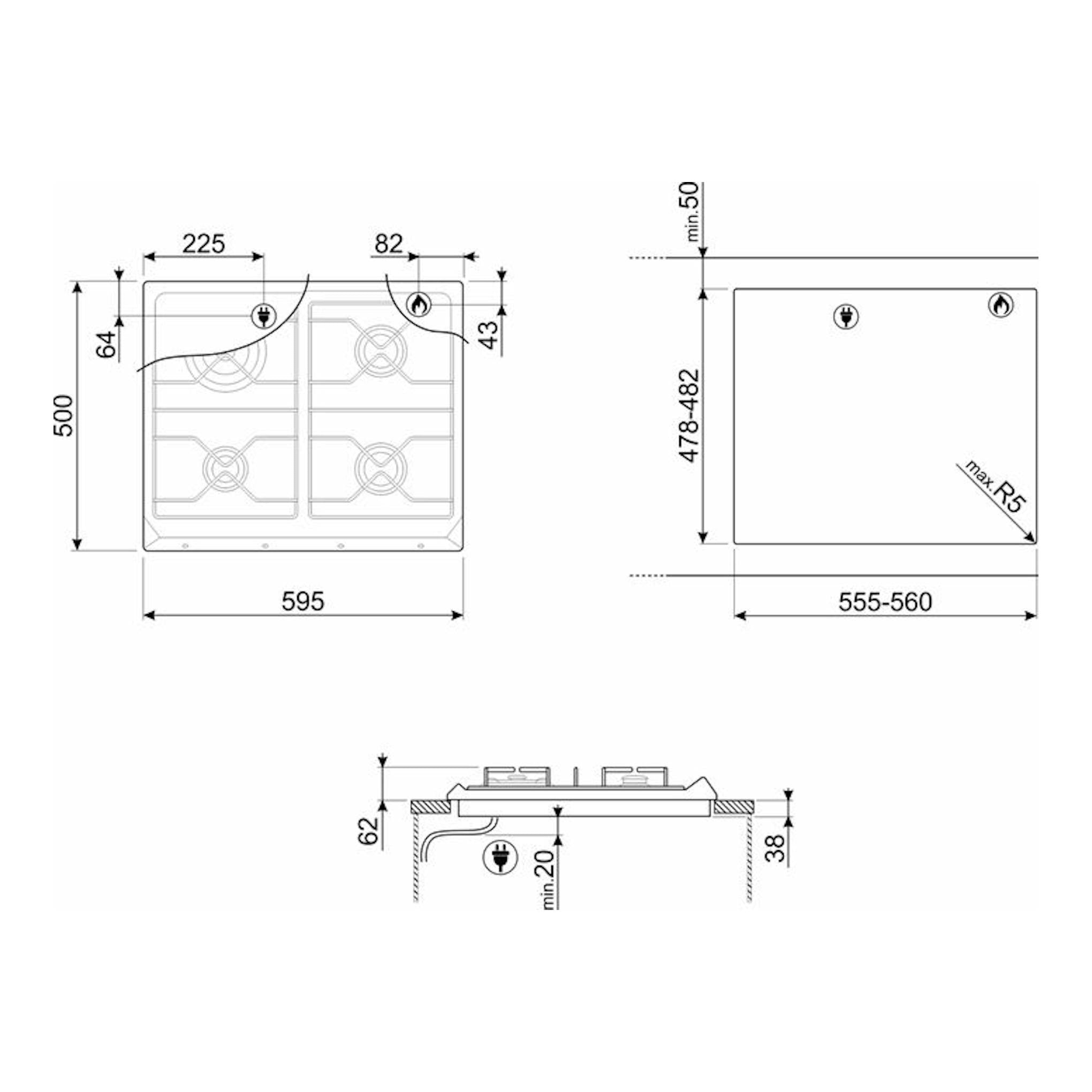 Plano técnico de la placa de gas Smeg SR964XGH de 60 cm, con vistas superior y lateral y medidas.