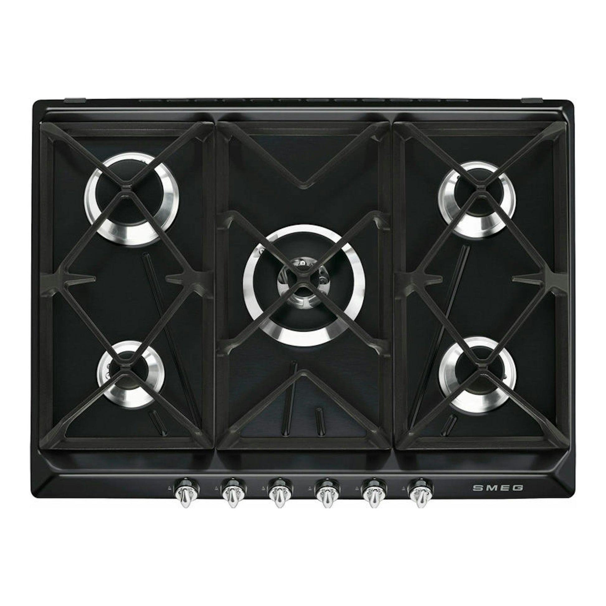 Placa de gas Smeg SR975NGH negra, vista frontal superior, con 5 quemadores y mandos cromados.