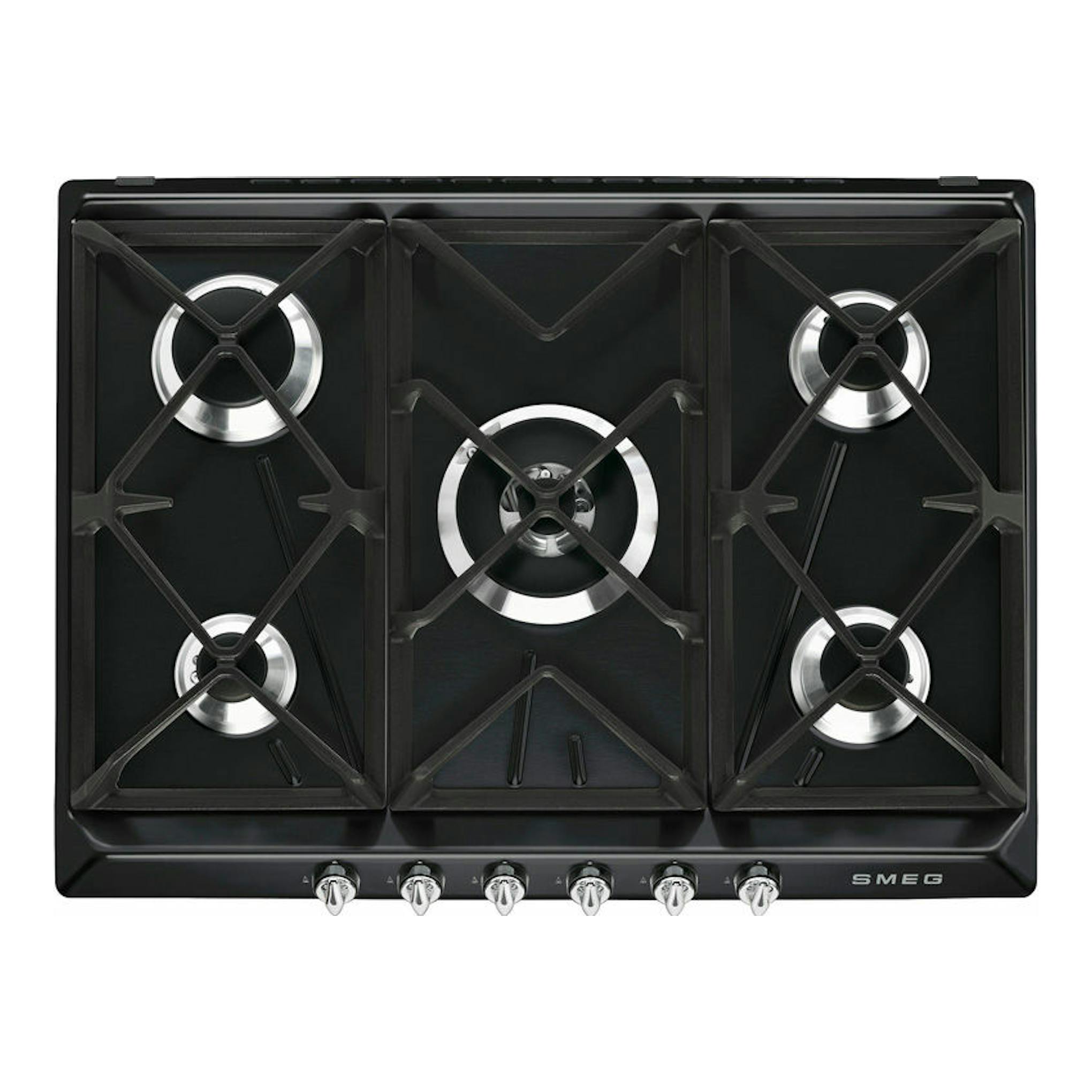 Placa de gas Smeg SR975NGH negra, vista frontal superior, con 5 quemadores y mandos cromados.