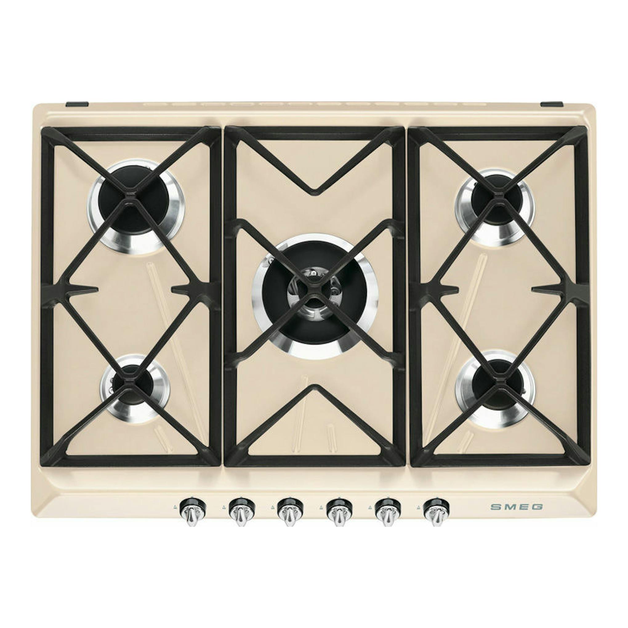 Placa de gas Smeg SR975PGH en color crema, vista frontal, con 5 fuegos y parrillas negras.