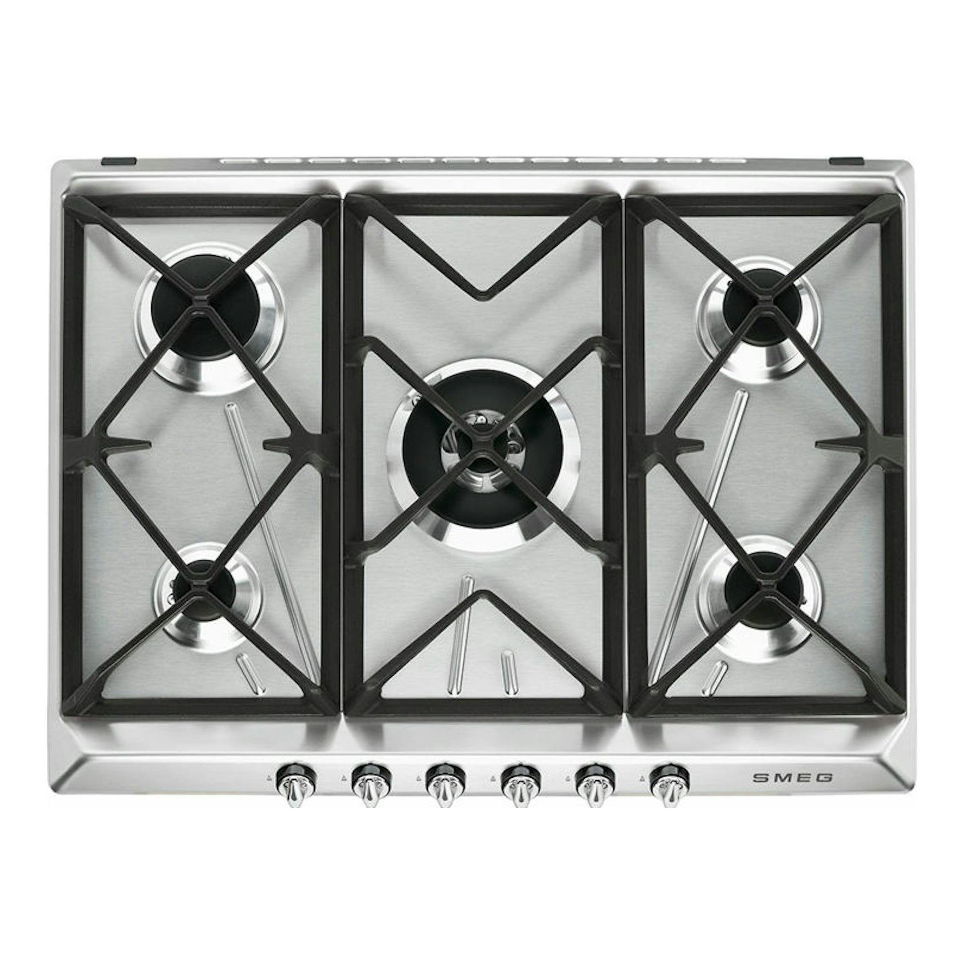 Placa de gas Smeg SR975XGH de acero inoxidable, vista cenital, con cinco fuegos y rejillas negras.