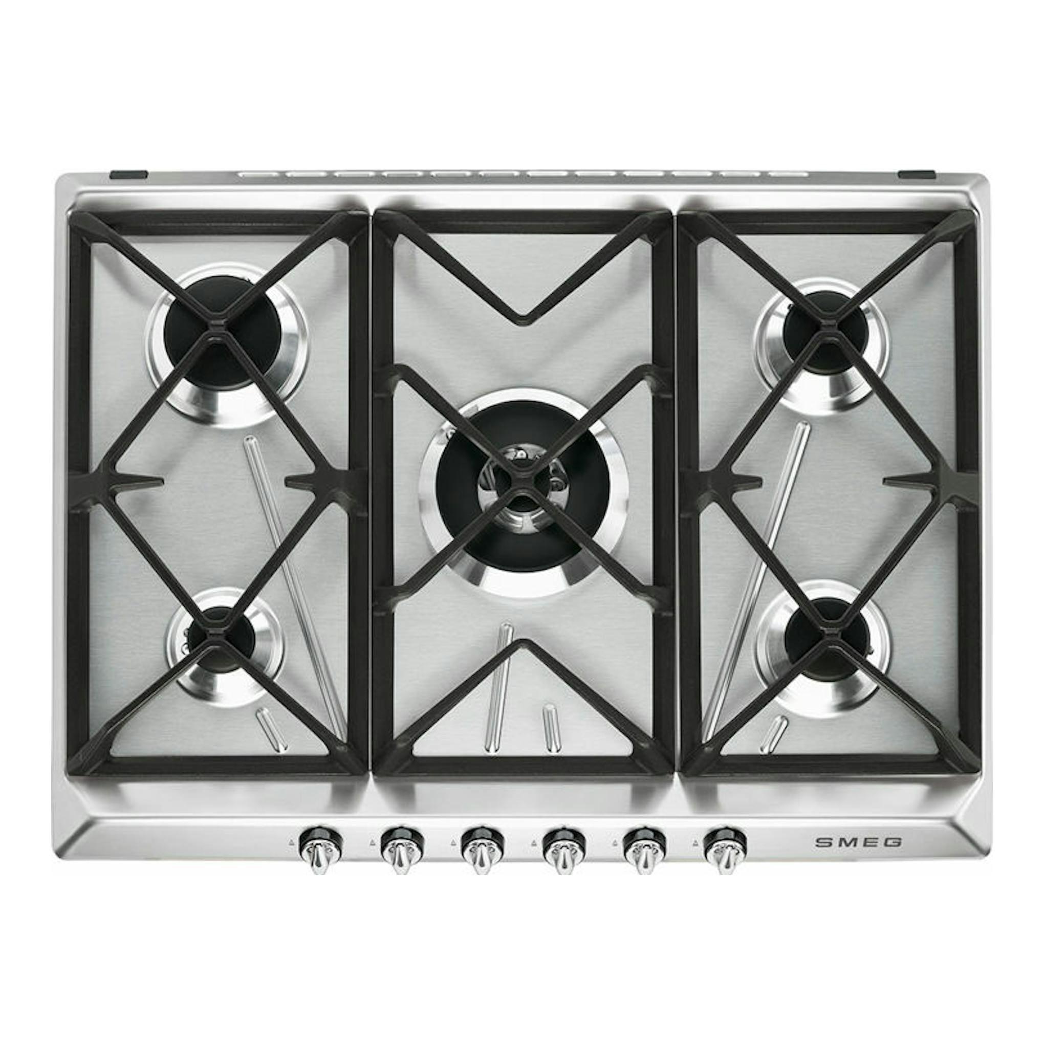 Placa de gas Smeg SR975XGH de acero inoxidable, vista cenital, con cinco fuegos y rejillas negras.