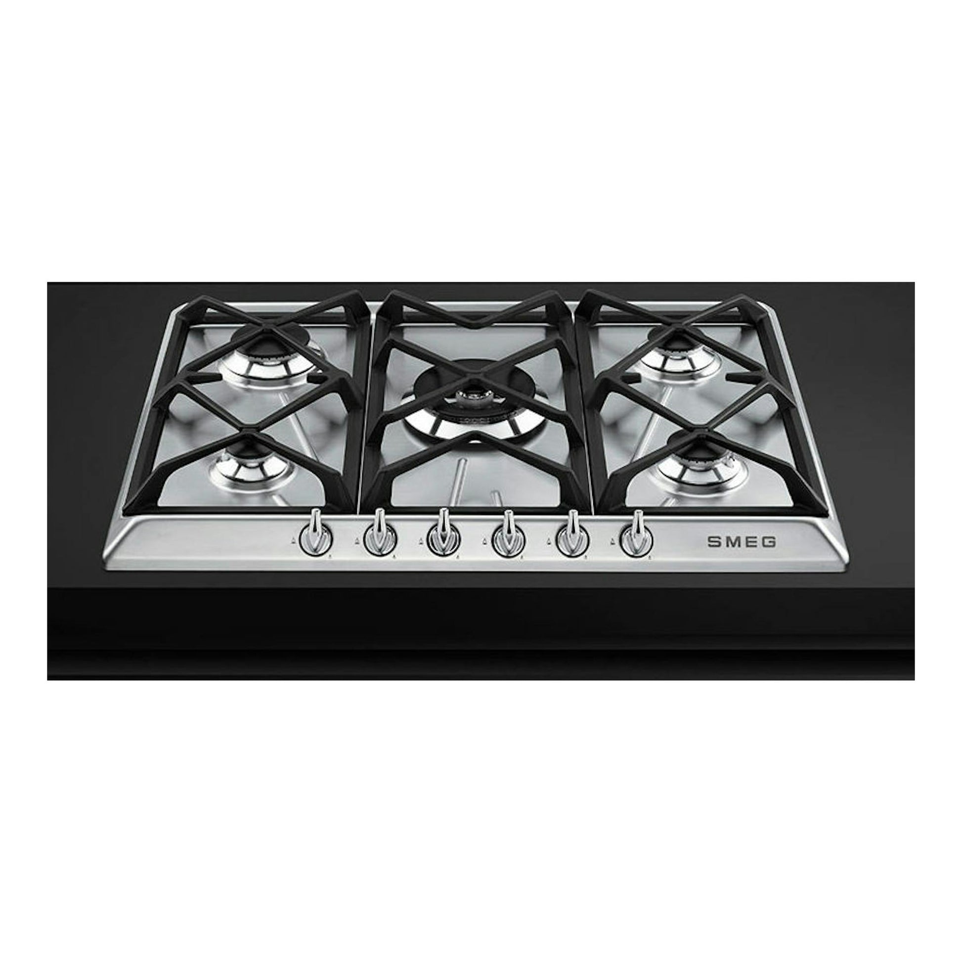 Placa de gas Smeg SR975XGH de acero inoxidable, vista frontal, con cinco quemadores y mandos frontales.