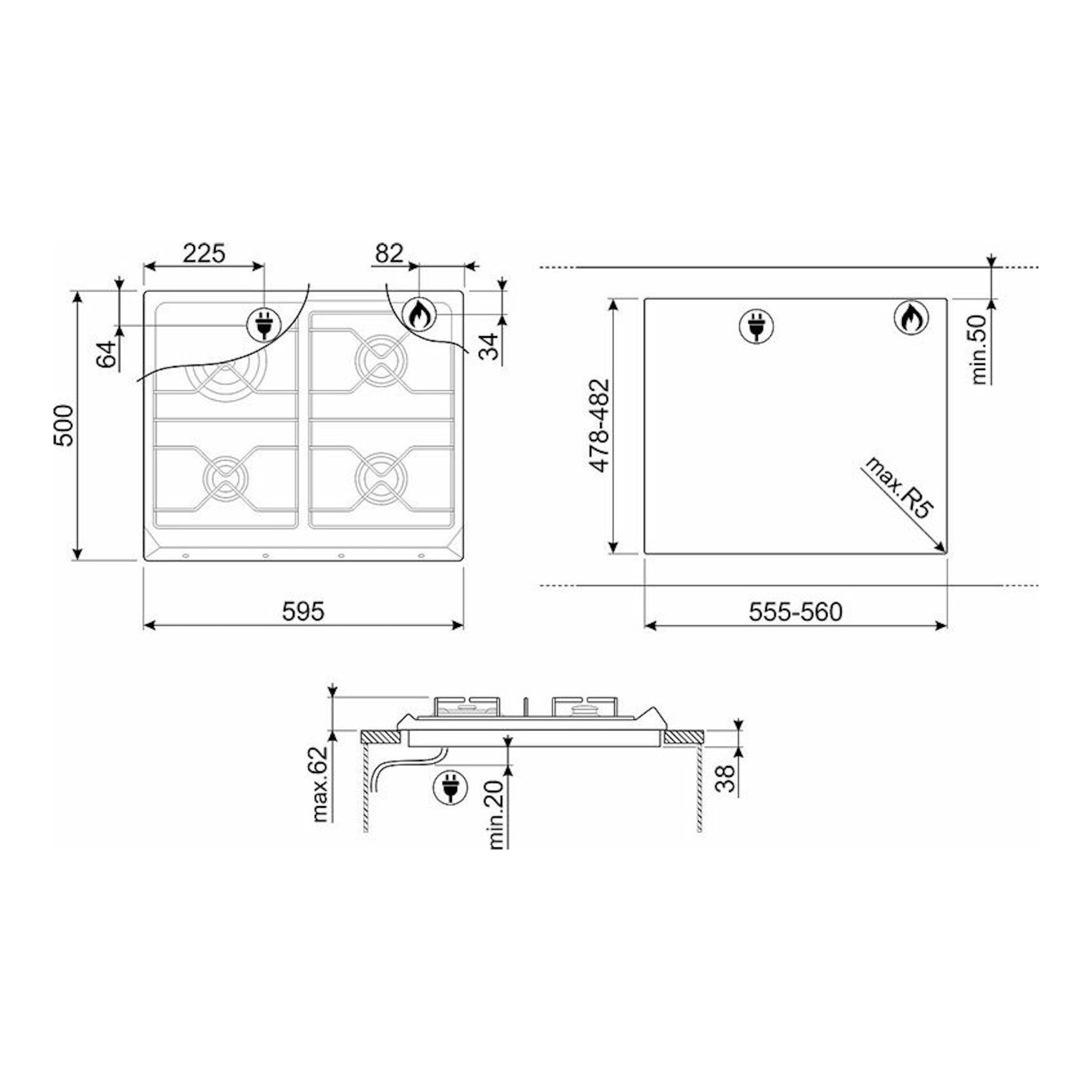 Dibujo técnico de la placa de gas Smeg SRV864POGH de 60 cm, vista superior y lateral, con medidas de instalación.