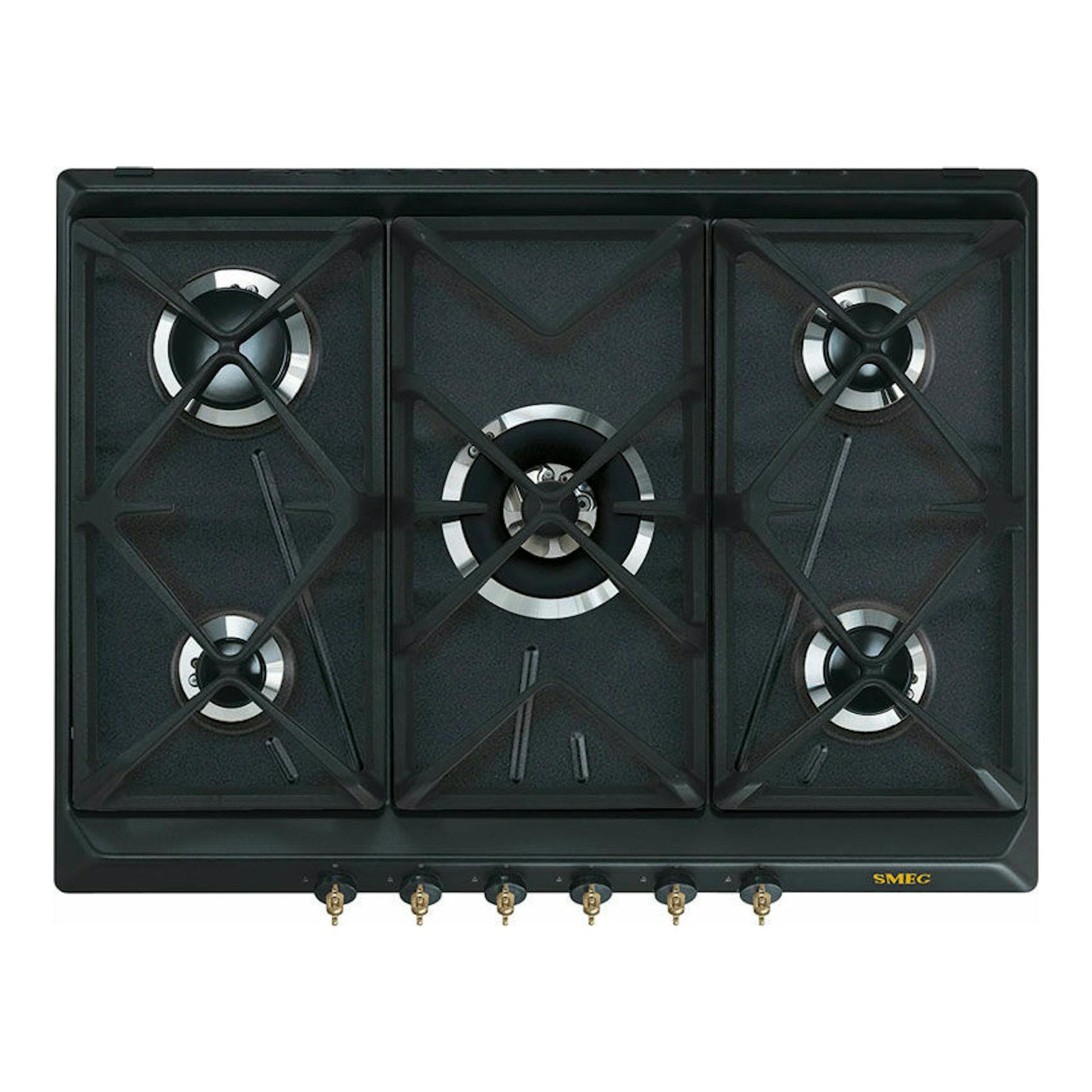 Placa de gas Smeg SRV876AOGH negra, vista frontal, con 6 fuegos y parrillas de hierro.