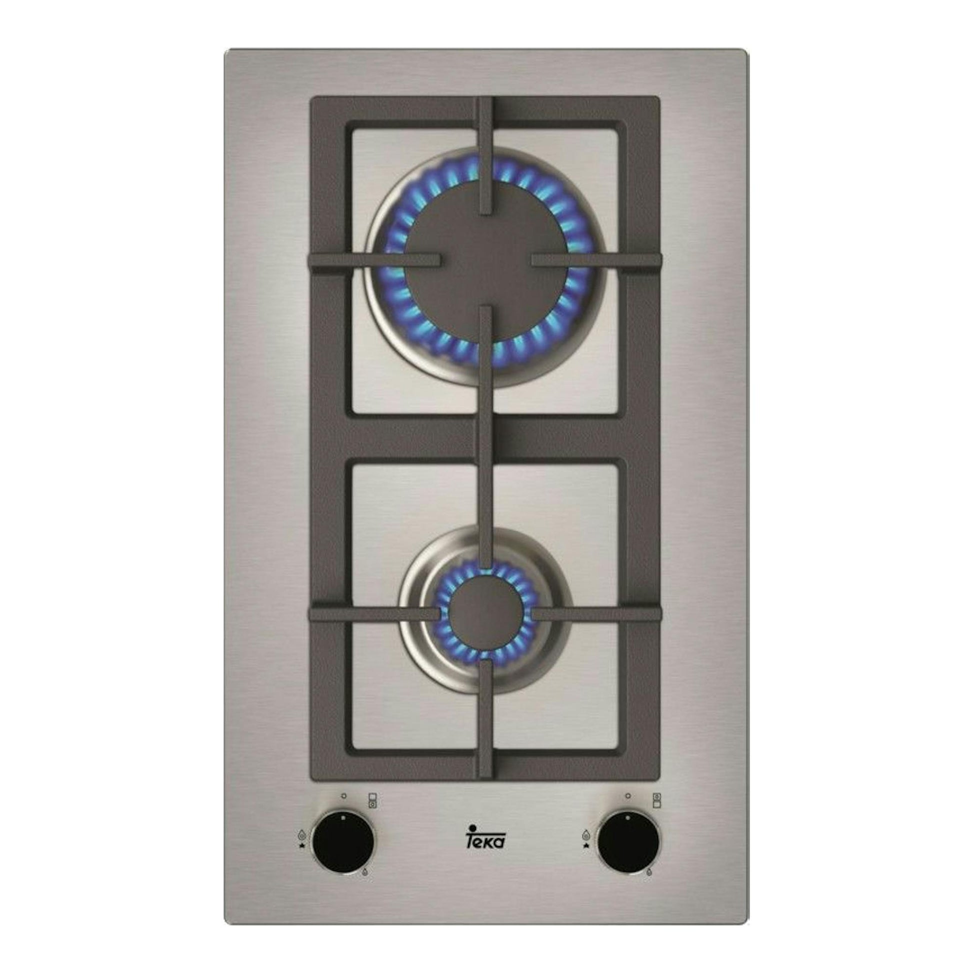 Placa de gas Teka EFX 30.1 de acero inoxidable, vista frontal, con 2 fuegos y mandos negros inferiores.