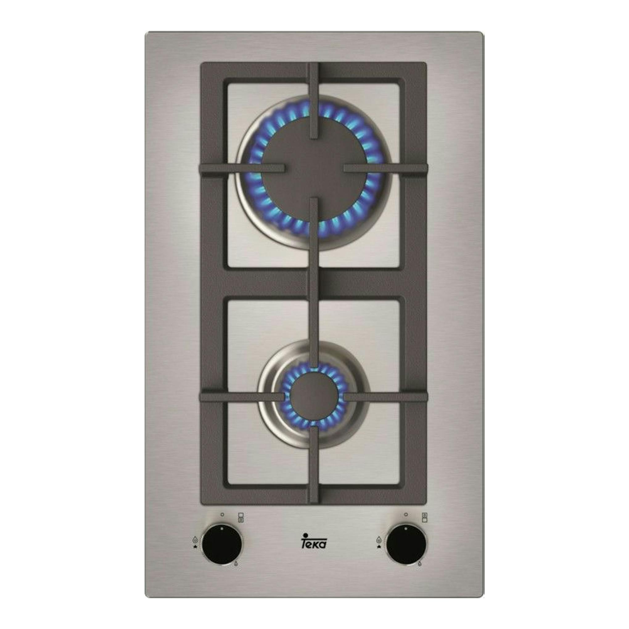 Placa de gas Teka EFX 30.1 de acero inoxidable, vista frontal, con 2 fuegos y mandos negros inferiores.