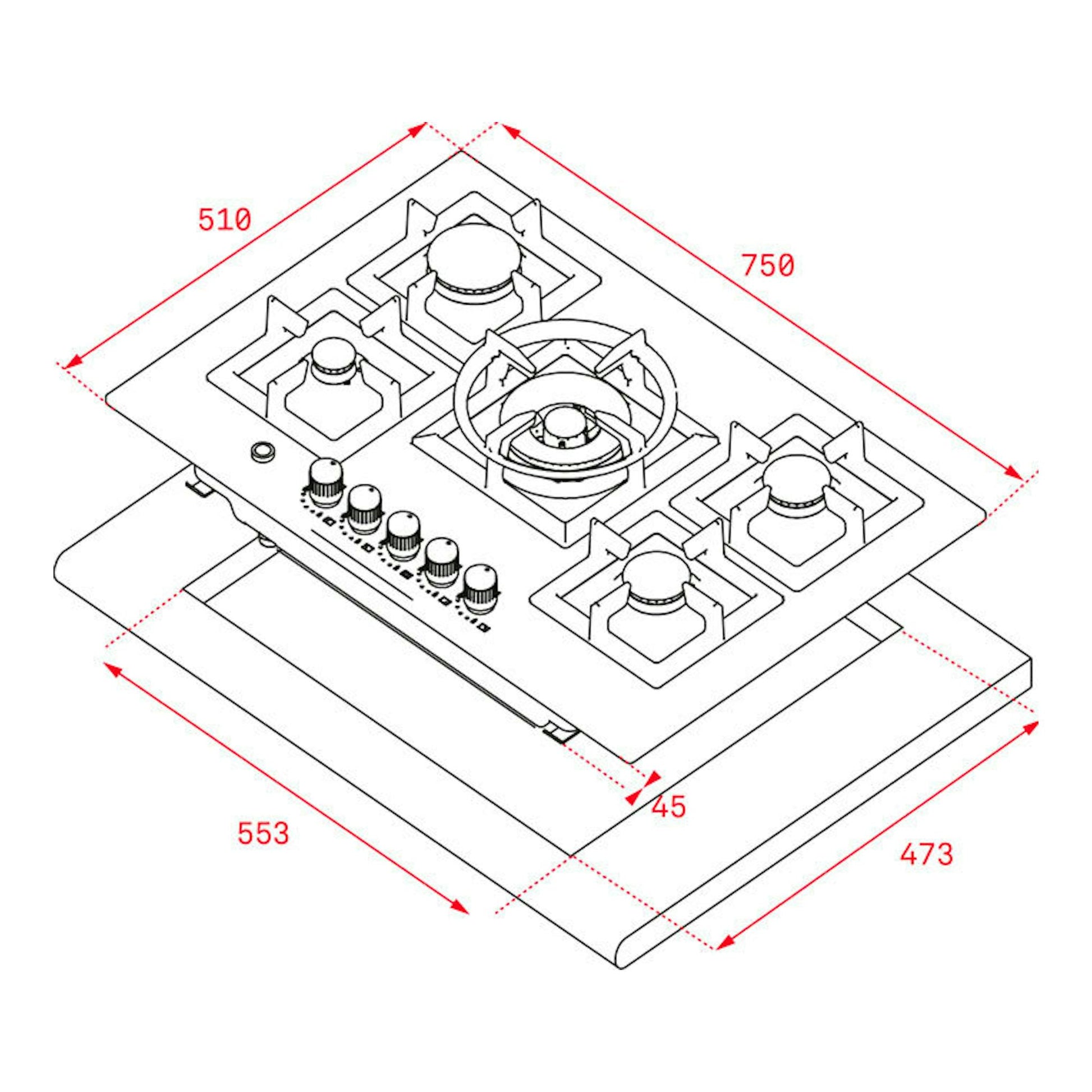 Dibujo técnico isométrico de placa de gas Teka EFX70.1, 5 fuegos, blanca, con cotas 750 x 510 mm.