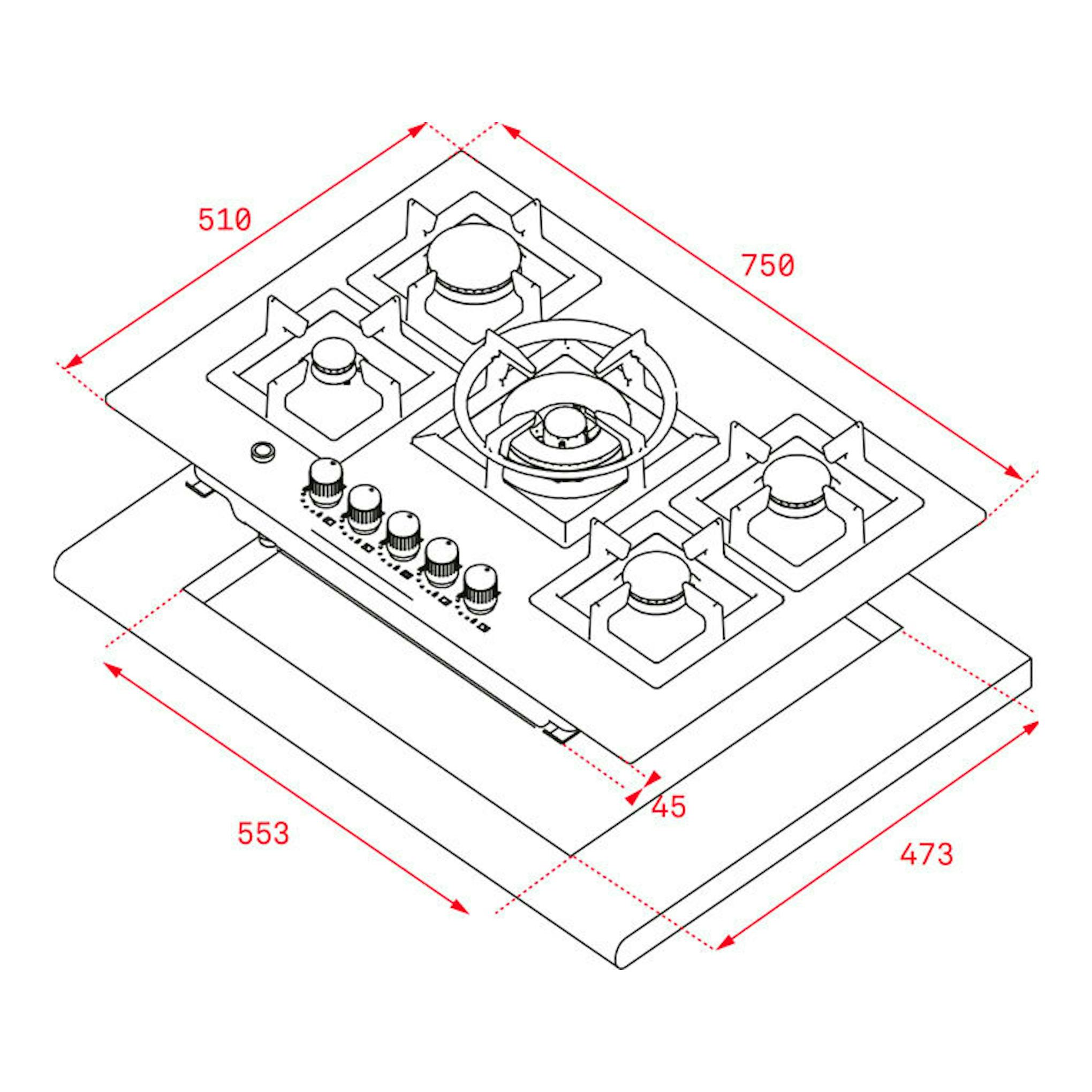 Dibujo técnico isométrico de placa de gas Teka EFX70.1, 5 fuegos, blanca, con cotas 750 x 510 mm.