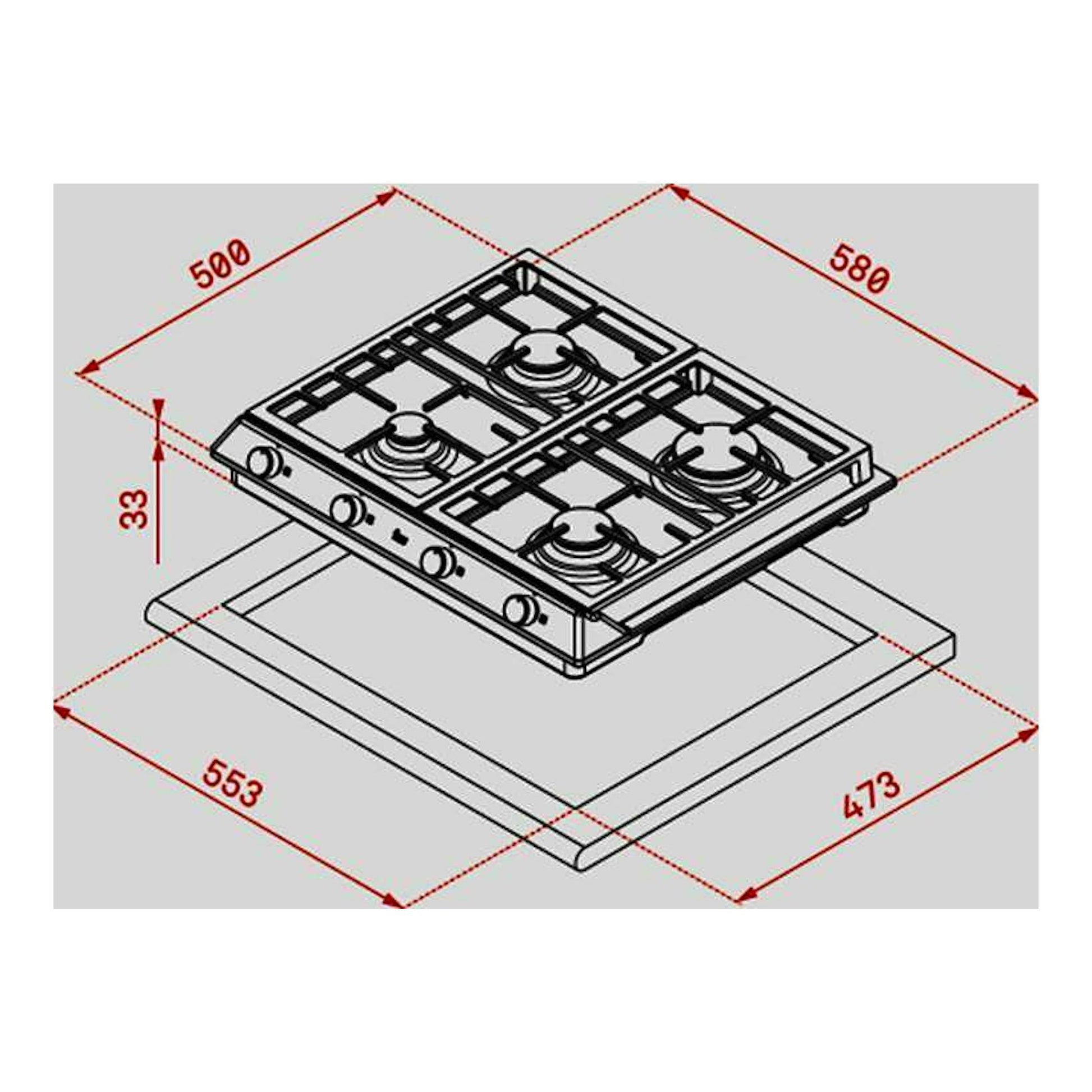 Teka EX 60.1 4G AI AL CI: placa de gas negra en vista isométrica, con 4 quemadores y medidas 580 x 500 mm.
