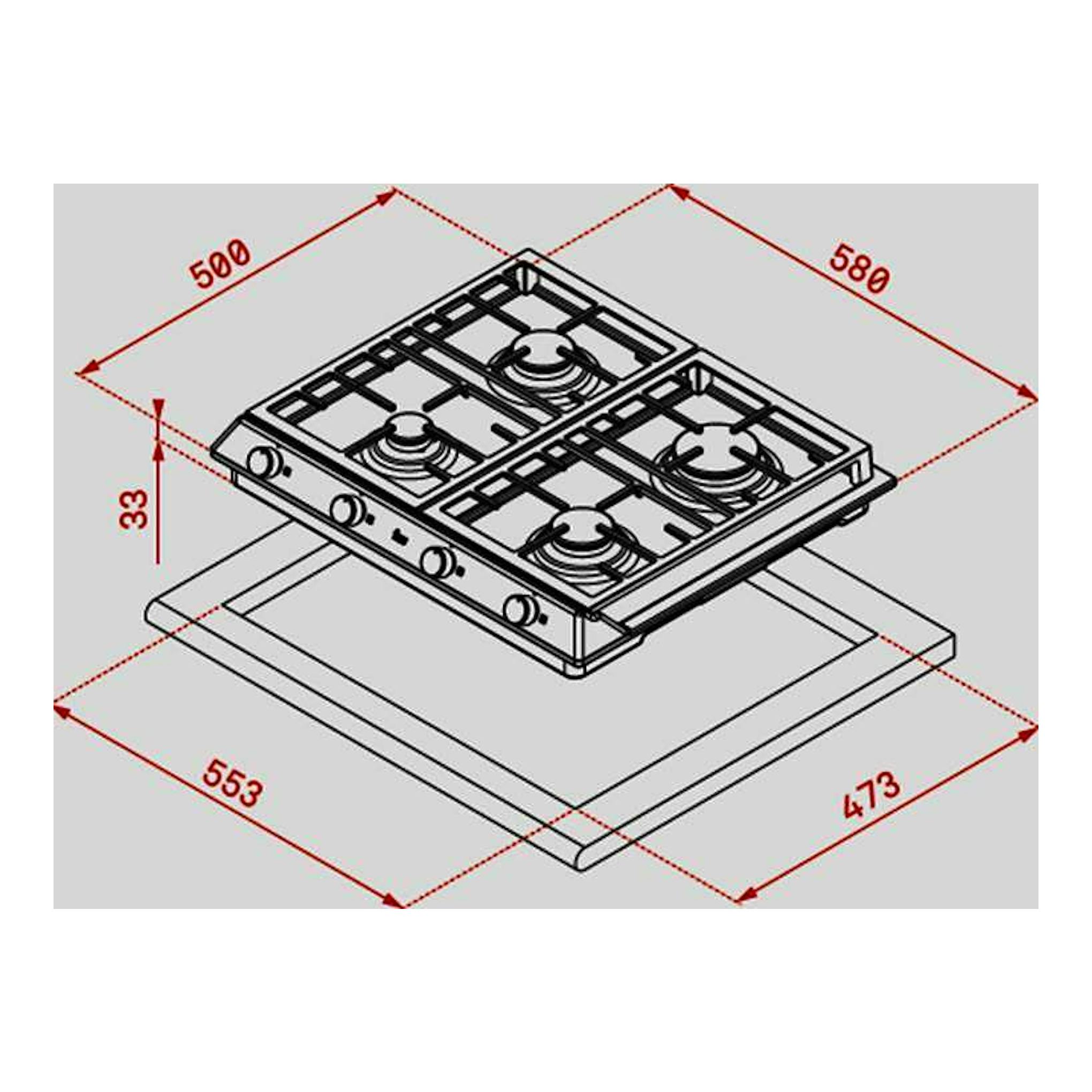 Teka EX 60.1 4G AI AL CI: placa de gas negra en vista isométrica, con 4 quemadores y medidas 580 x 500 mm.