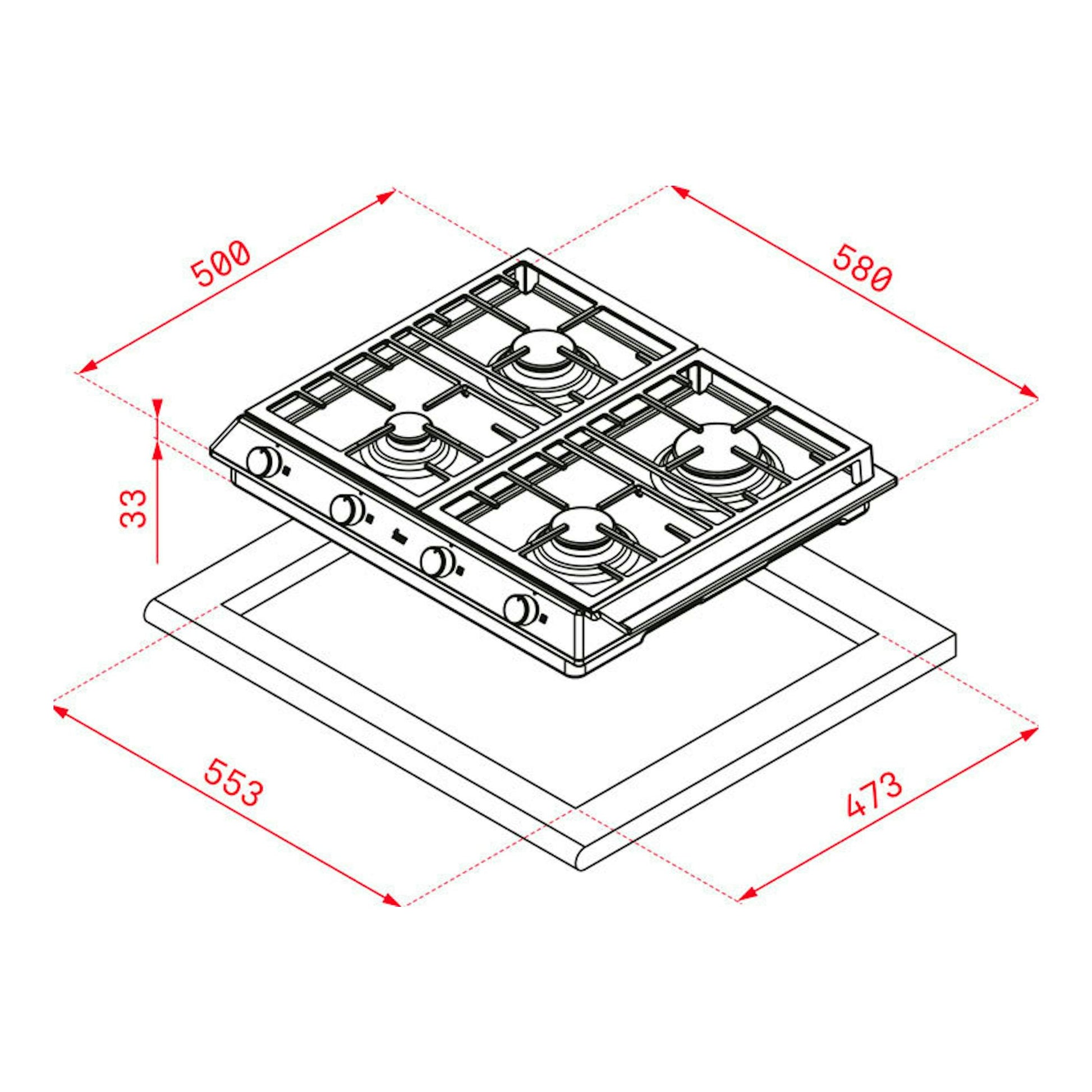 Teka EX60.1: placa de gas de 4 fuegos, vista isométrica en línea, con medidas 580 x 500 mm.