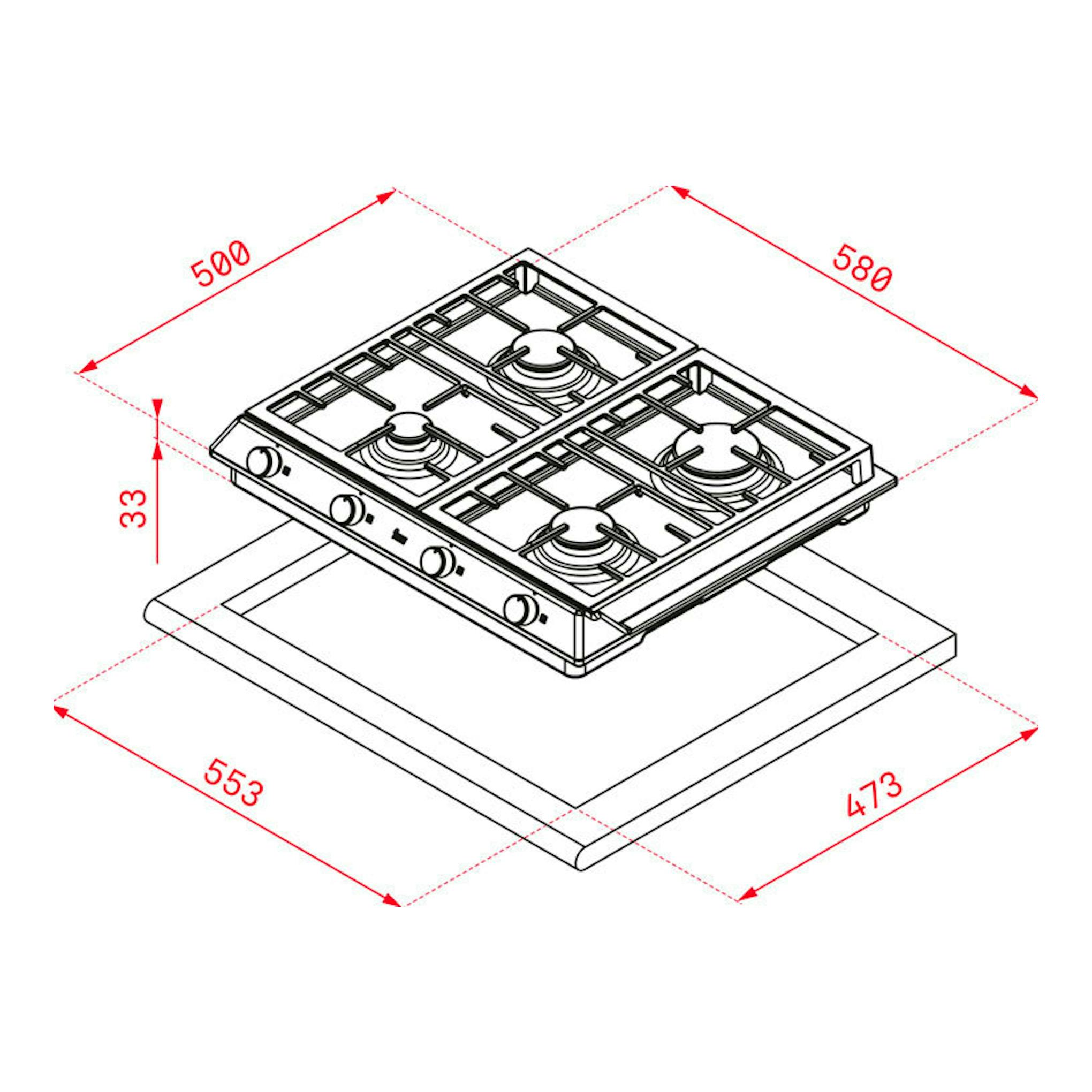 Teka EX60.1: placa de gas de 4 fuegos, vista isométrica en línea, con medidas 580 x 500 mm.
