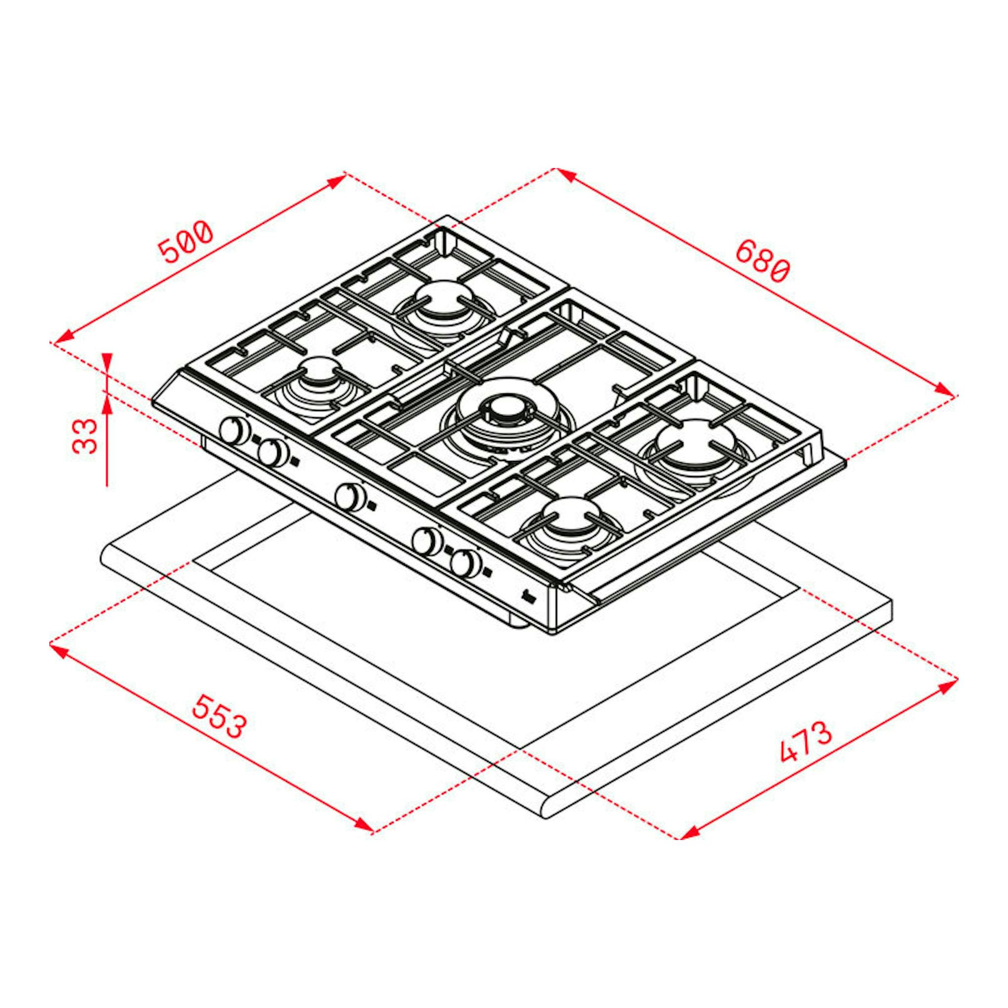 Placa de gas Teka EX70.1 5G AI AL DR CI, vista isométrica en negro, con 5 fuegos y medidas.