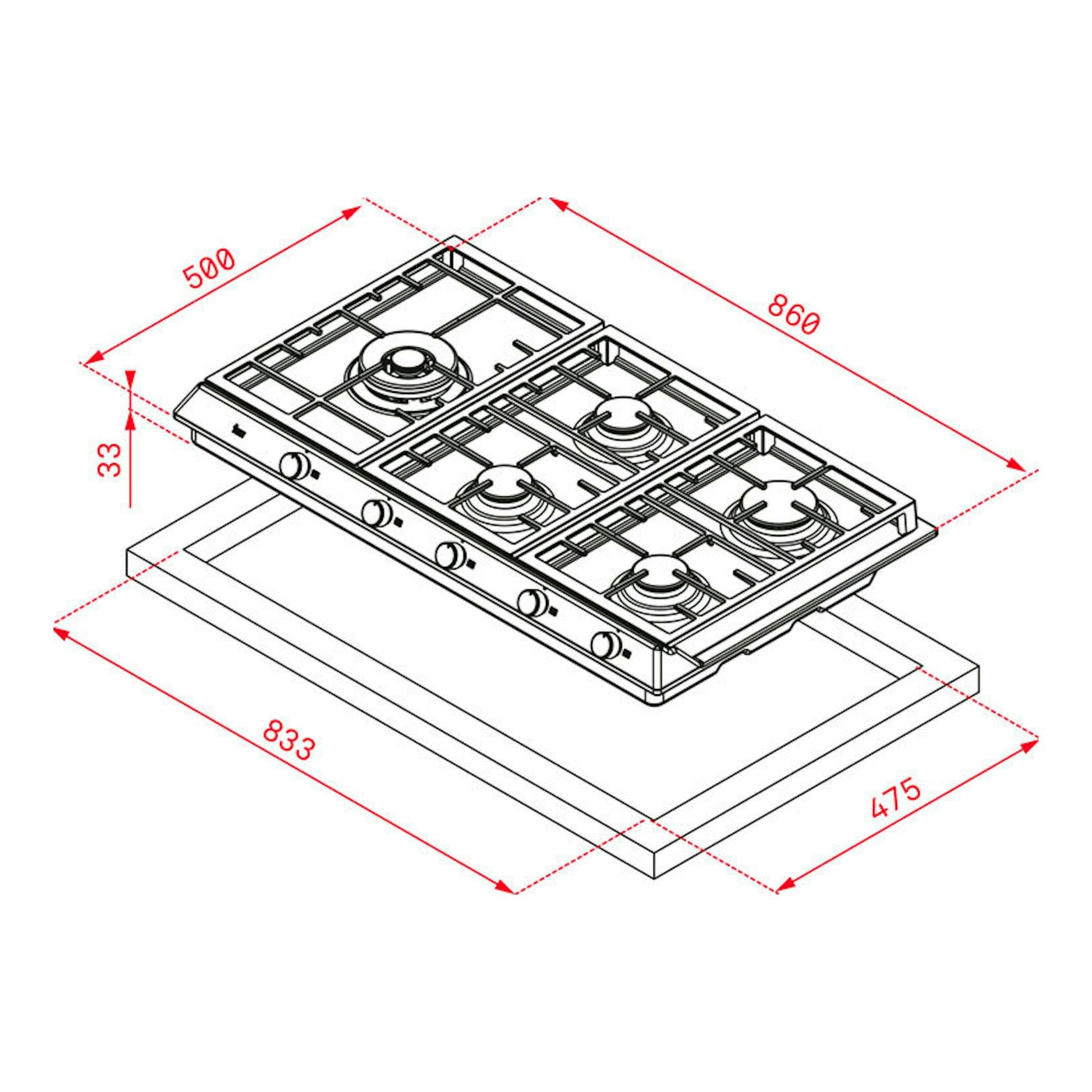 Placa de gas Teka EX90.1, vista isométrica en blanco y negro con cotas y cinco quemadores.