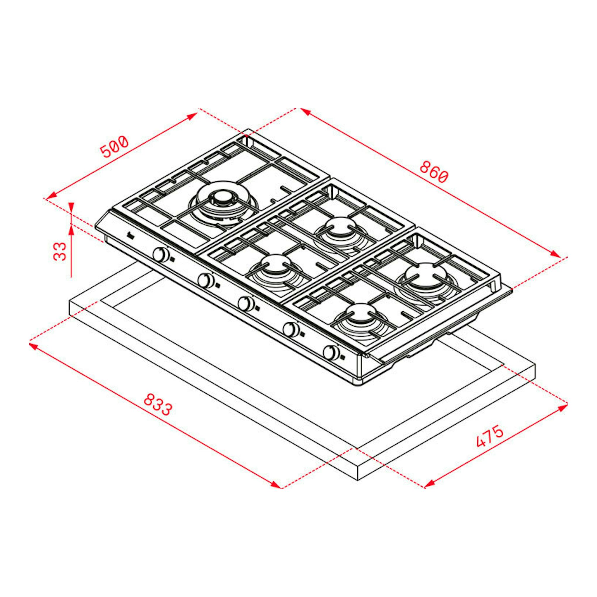 Placa de gas Teka EX90.1, vista isométrica en blanco y negro con cotas y cinco quemadores.