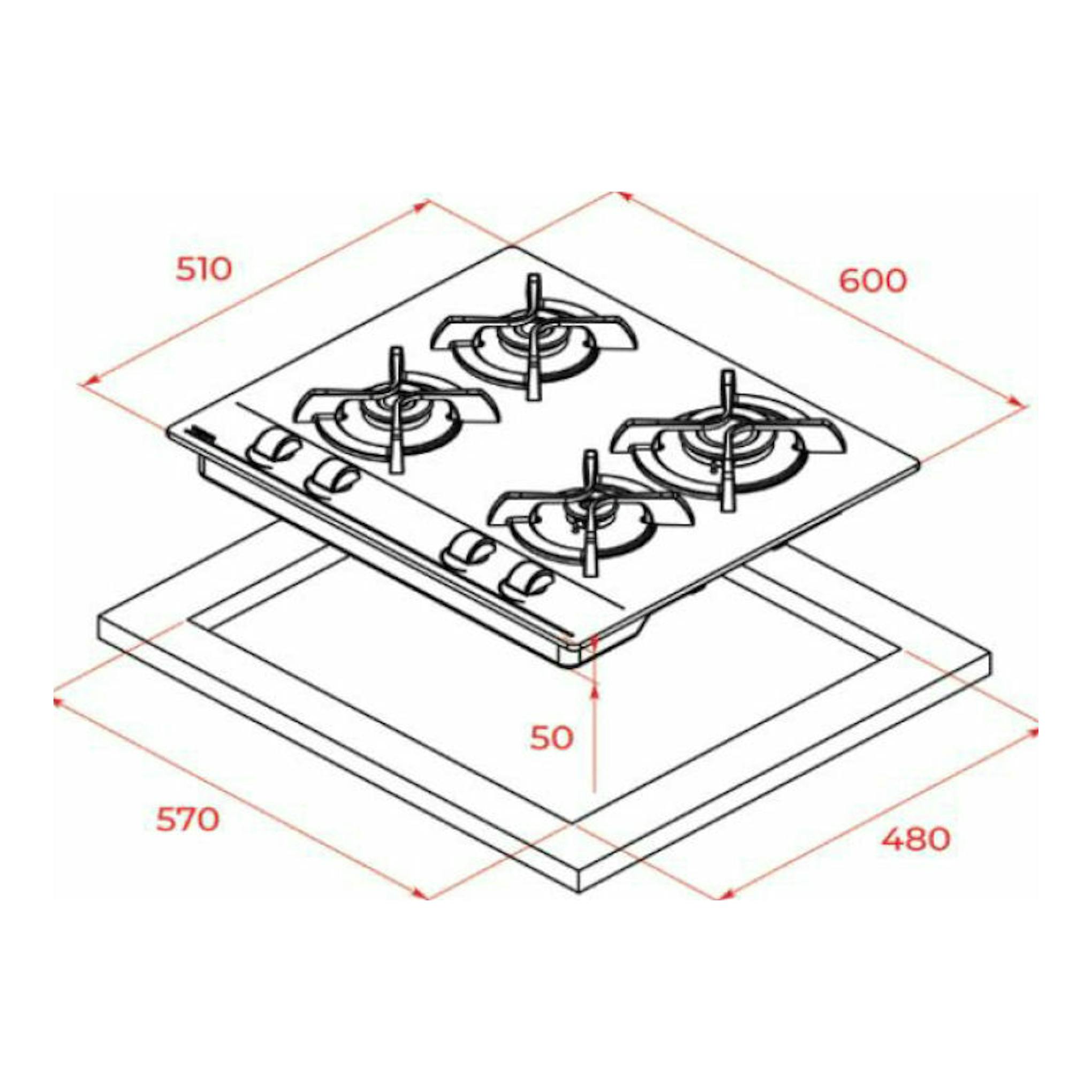 Teka GBC 64000KBB, placa de gas negra en vista isométrica con 4 fuegos y medidas de encastre.
