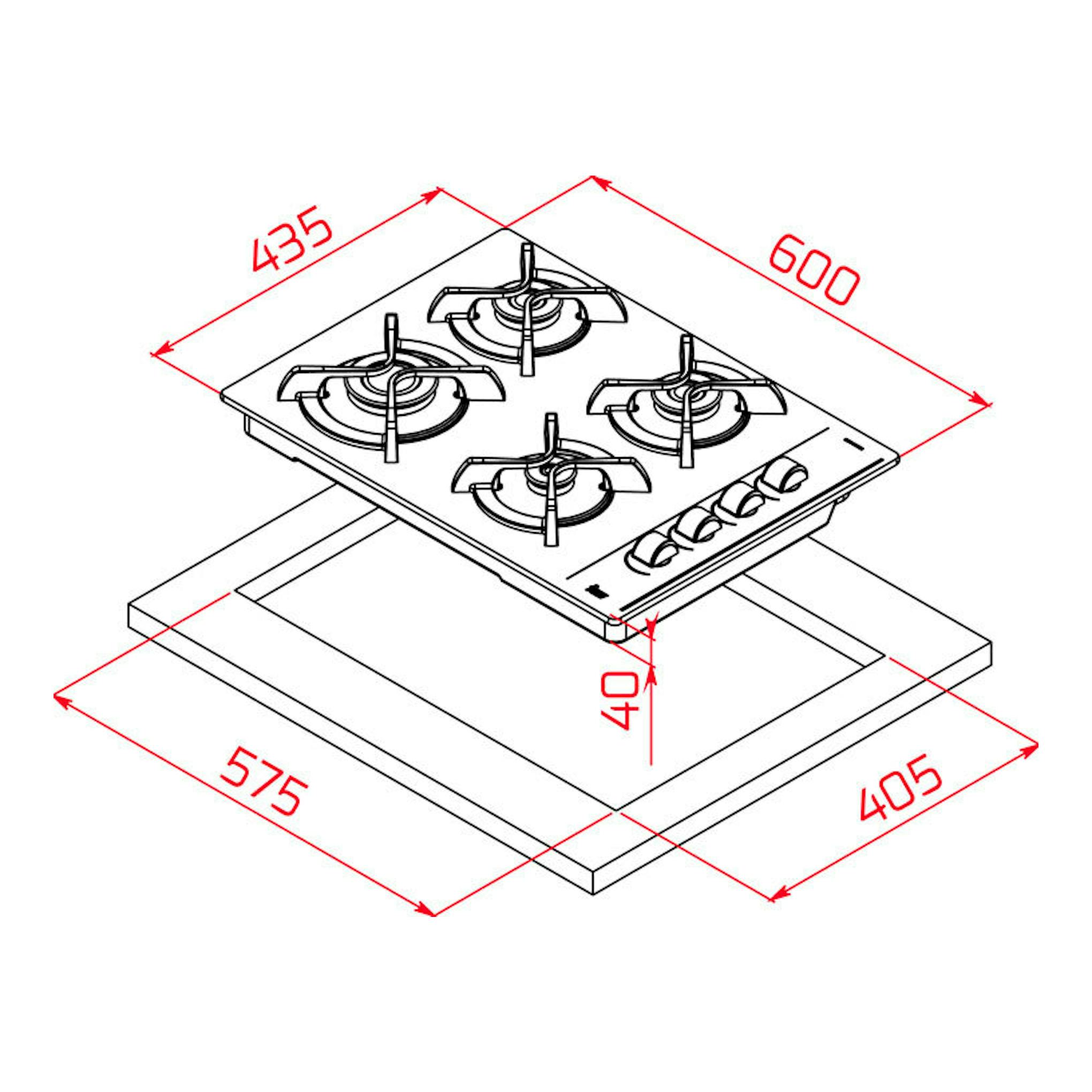 Placa de gas Teka GBC 64003KBABK negra, vista isométrica, 4 fuegos, 600x435 mm; encastre 575x405 mm