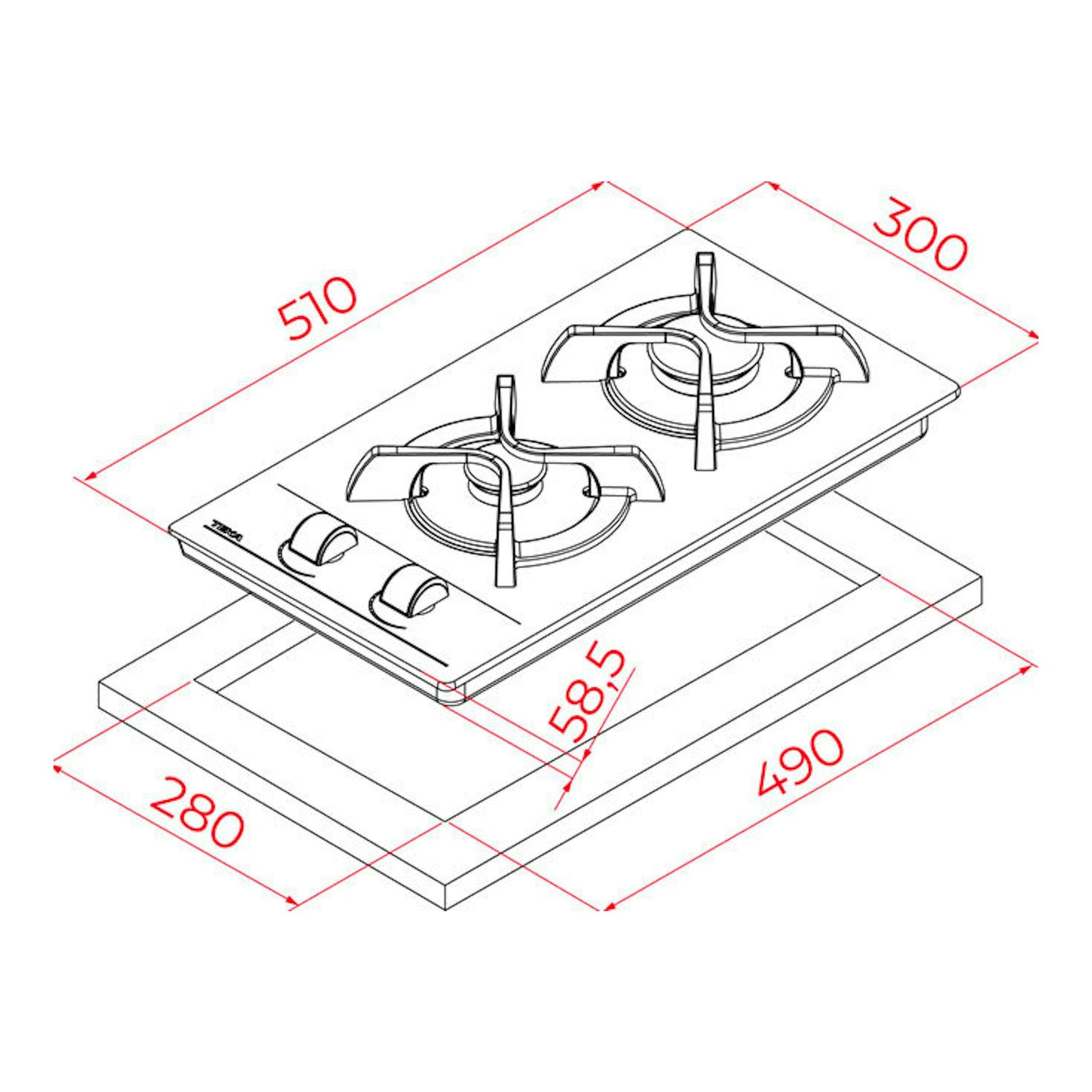 Placa de gas Teka GBC32000 BUT de 30 cm, vista isométrica en blanco y negro, con dos fuegos y medidas.
