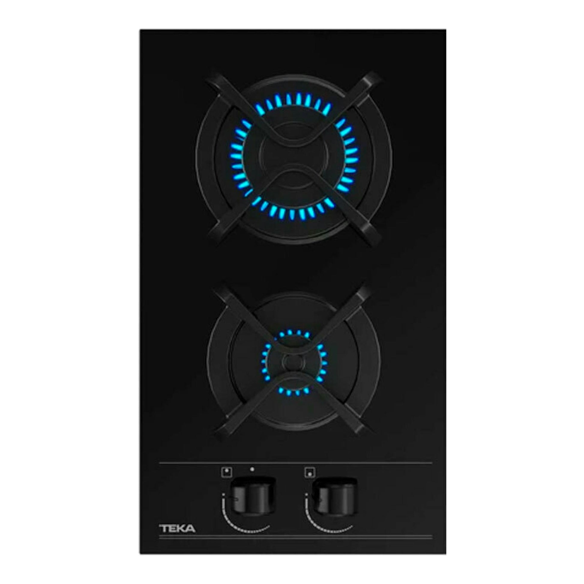 Placa de gas Teka GBC32000 NAT negra, vista frontal, con dos fuegos y mandos delanteros.
